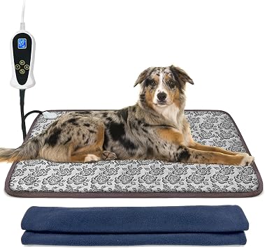 Large Dog Heating Pad for Dogs, Pet Heating Pad Electric, Waterproof, Heated Dog Bed with Timer, with Smart Thermostat Switch, Add Wire Rope with Blue Fabric Cover Rose, 34x21 in