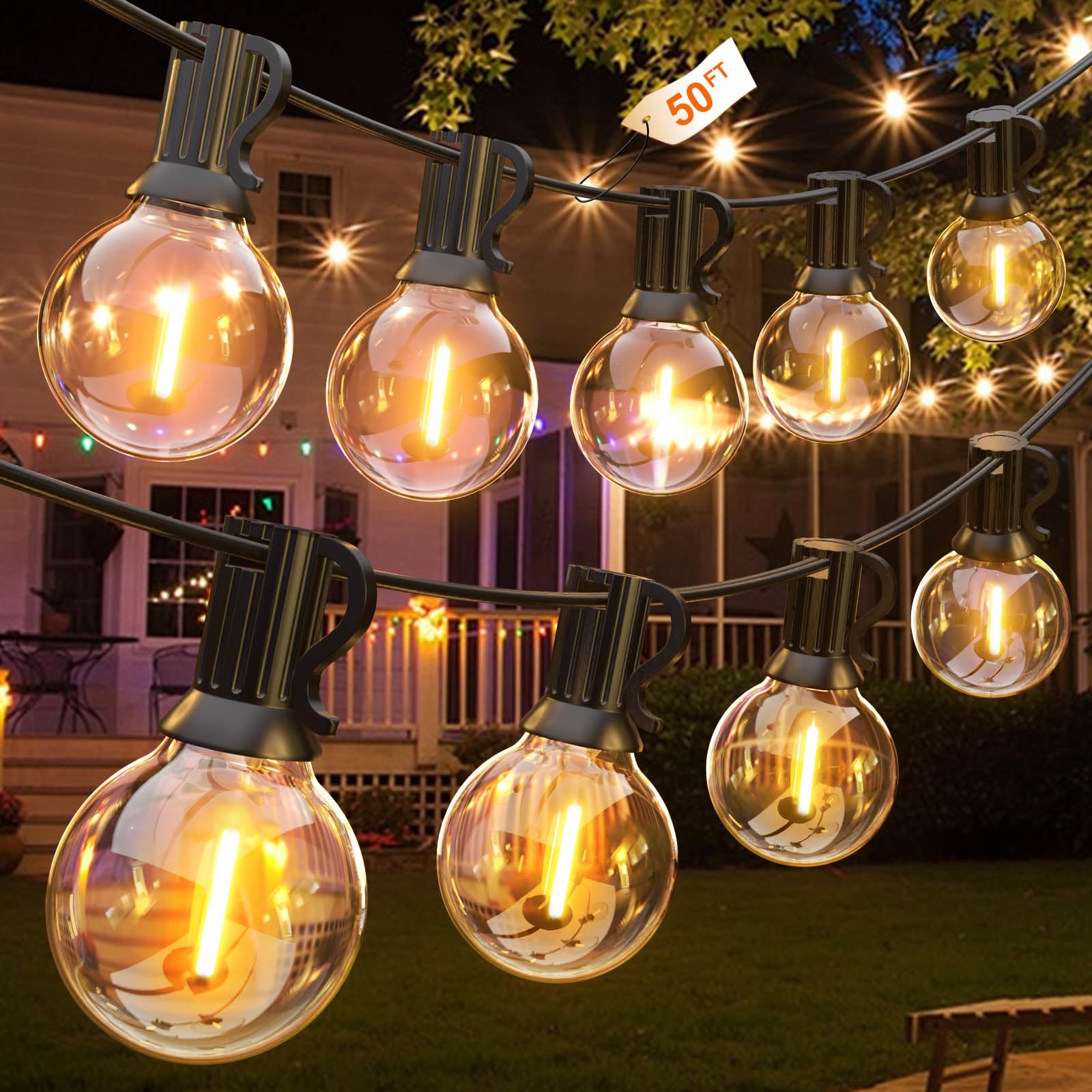 GLUROO 15M LED Lichterkette Außen,Lichterkette Glühbirnen Aussen mit 26 Bruchsicheren Kunststoff G40 Glühbirnens, Wasserdicht IP45 Outdoor Lichterketten Glühbirnen für Garten,Hinterhof, Bistro Party