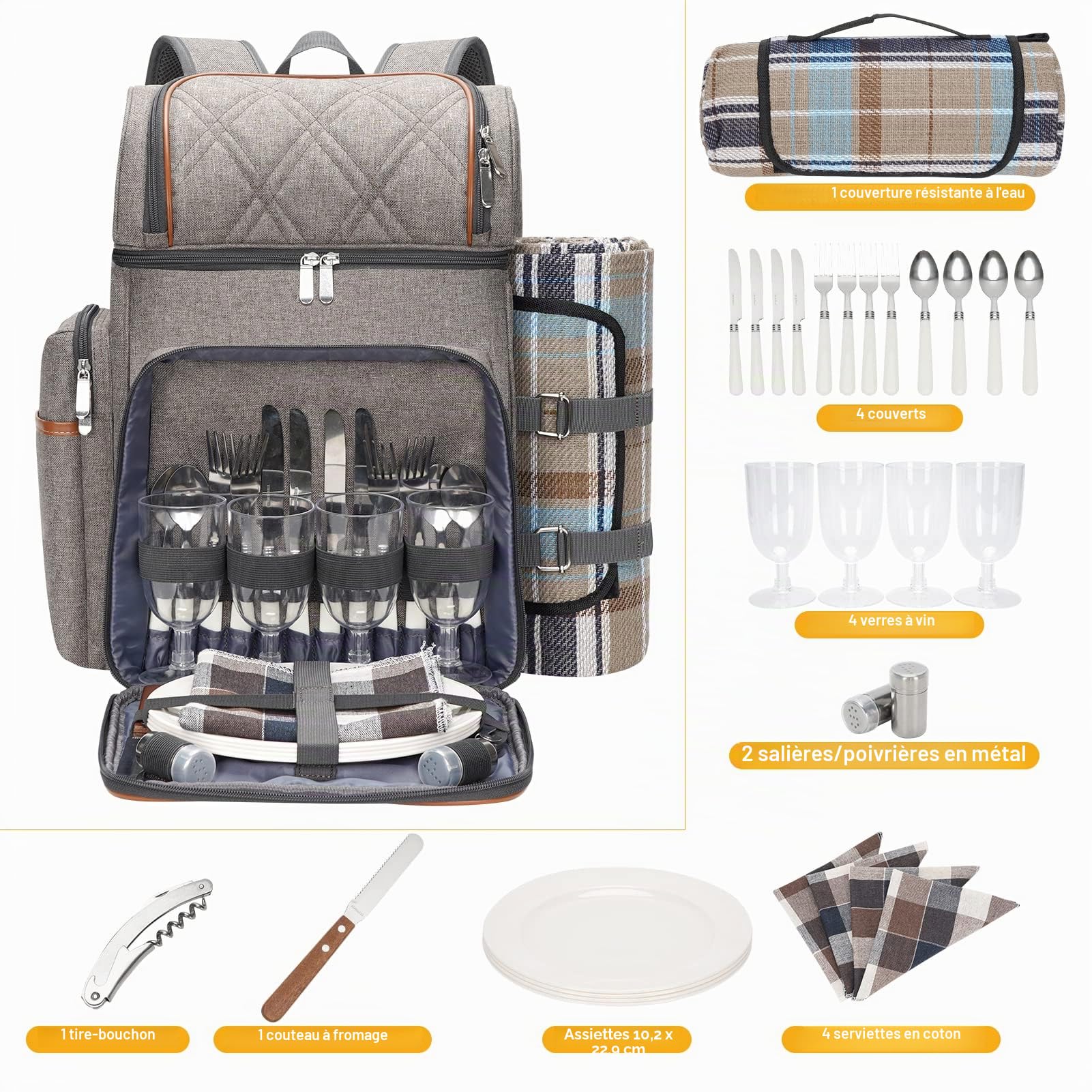 Sac à dos de pique-nique pour 4 personnes, panier de pique-nique, sac de pique-nique étanche avec pochette isotherme pour vin, couverture de pique-nique, sac à dos de pique-nique à double étage pour