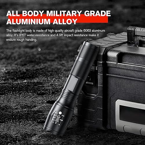 Miniatura 4 de Paquete de 2 linternas, (pilas no incluidas) grado militar, 5 modos, 3000 lúmenes altos, linterna de mano impermeable para camping, ciclismo,