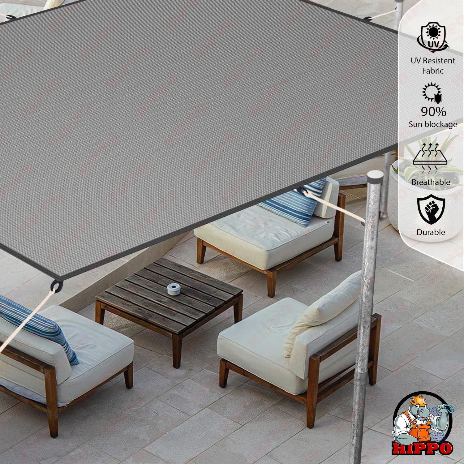 HIPPO 180 GSM Shade Sail with PP Band Sun Shade UV Block for Canopy Cover, Outdoor Patio, Garden, Pergola, Balcony Tent (10FTX15FT, Pebble Grey) 1