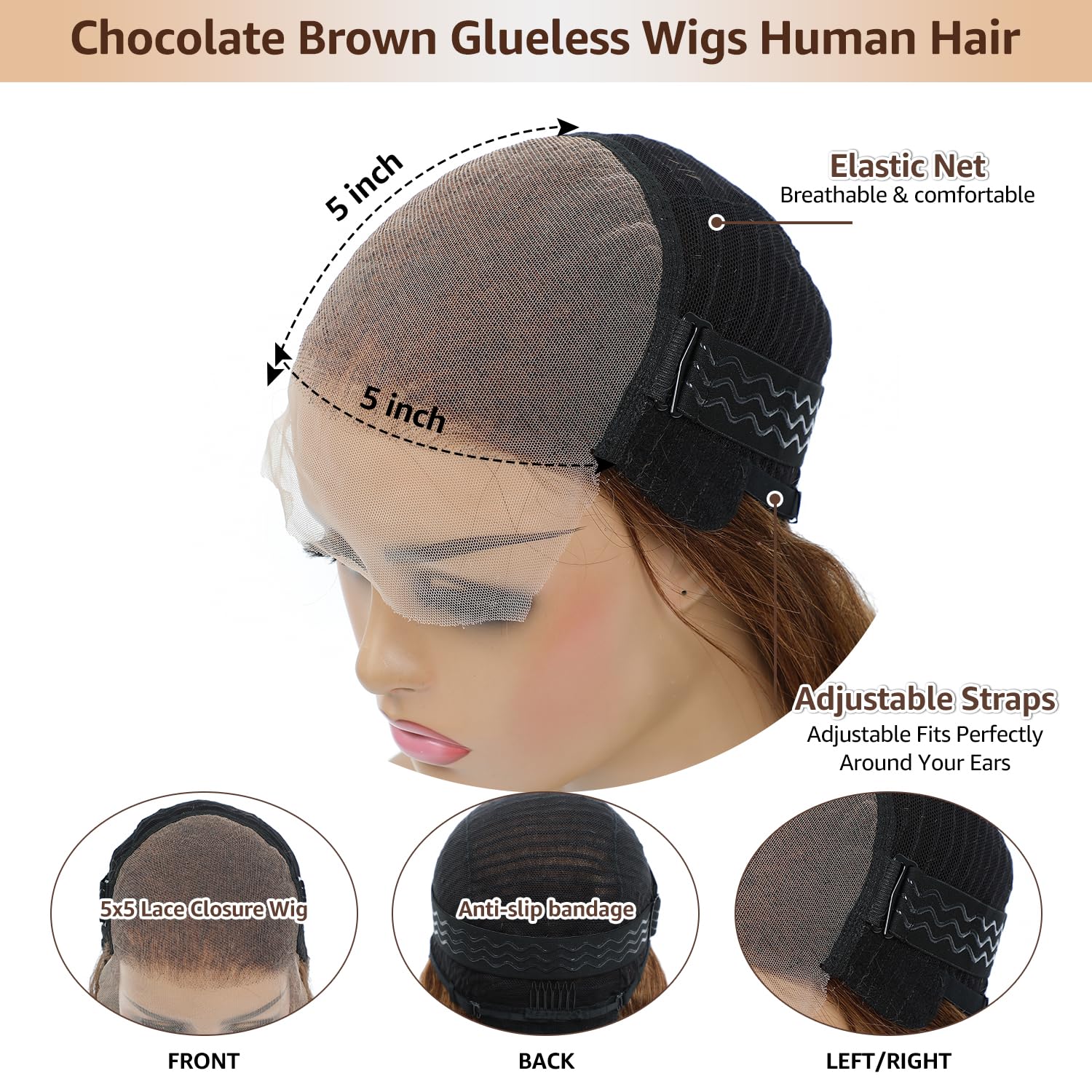 Chocolate Brown Straight Lace Front Wigs Human Hair 180% Density 5x5 HD Transparent Pre Plucked with Baby Hair 4# 22 inch