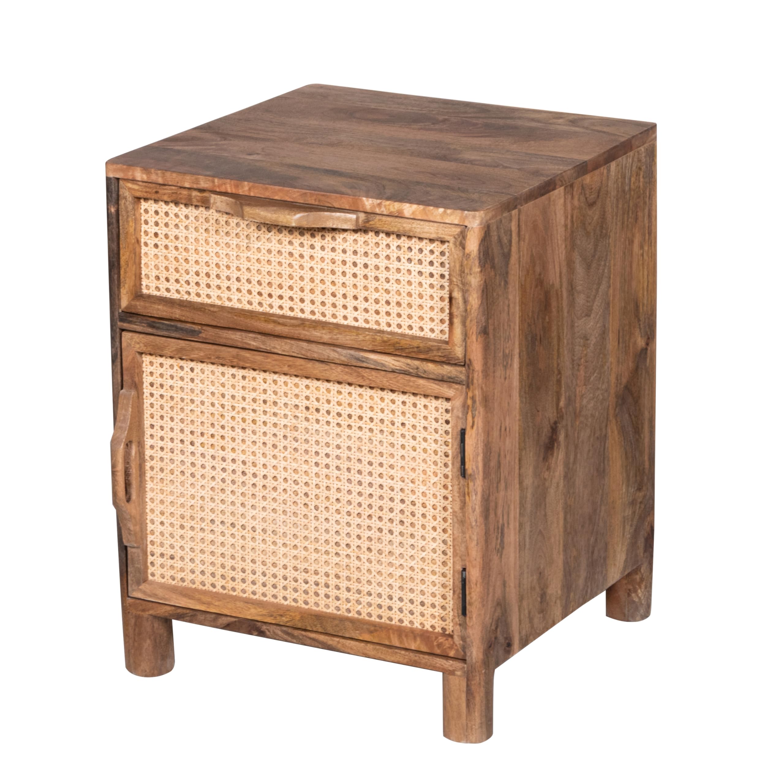 The Urban PortMia 23 Inch Nightstand, Woven Cane Cabinet Door and Drawer, Handcrafted Natural Brown Mango Wood