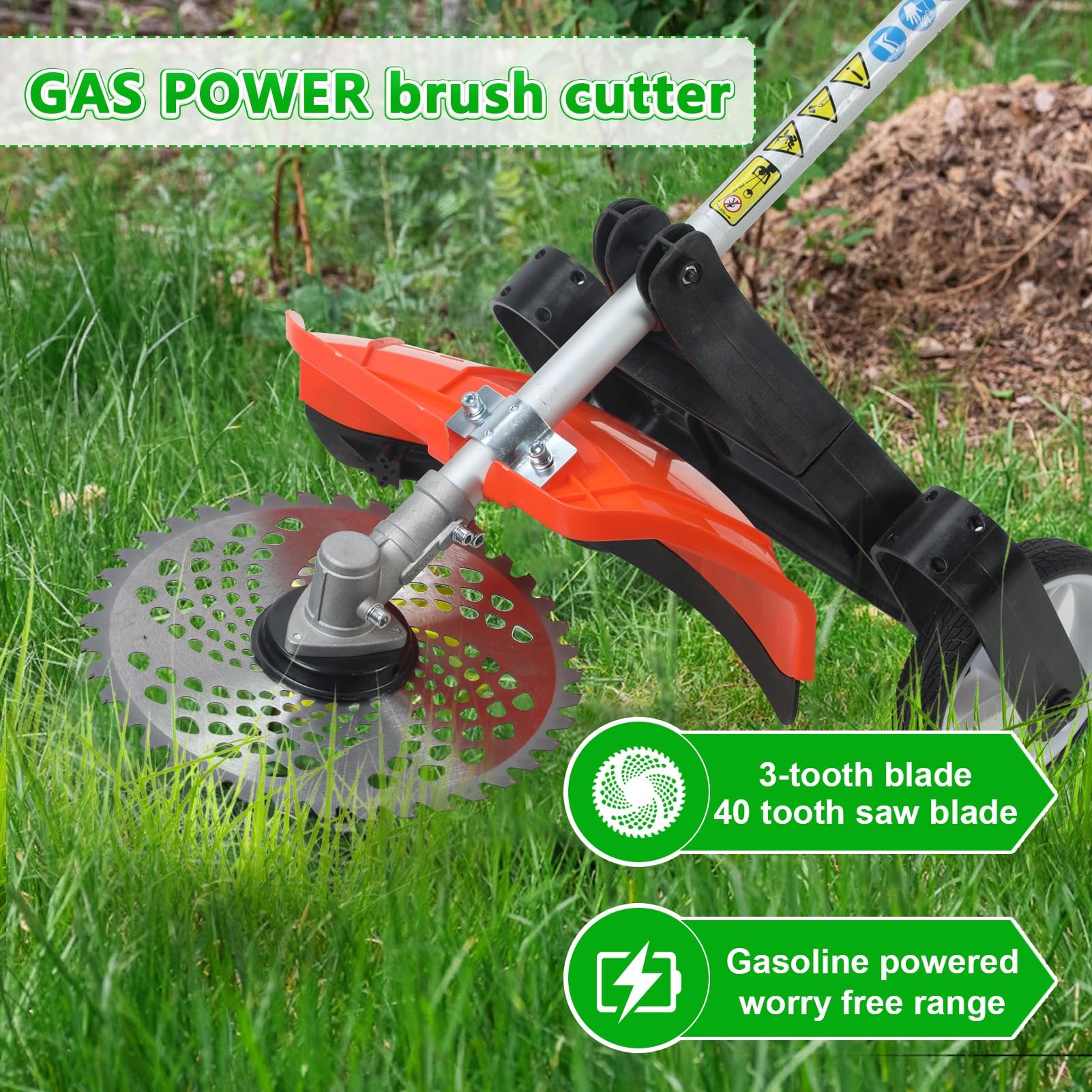 Desbrozadora de Gasolina Multifunción 8 en 1, 52cc 2 Tiempos, con Cortasetos, Podadora, Motosierra de Poda, Cabezal de Hilo, Discos, para Jardín, Césped, Maleza y Bordes de Patio Naranja