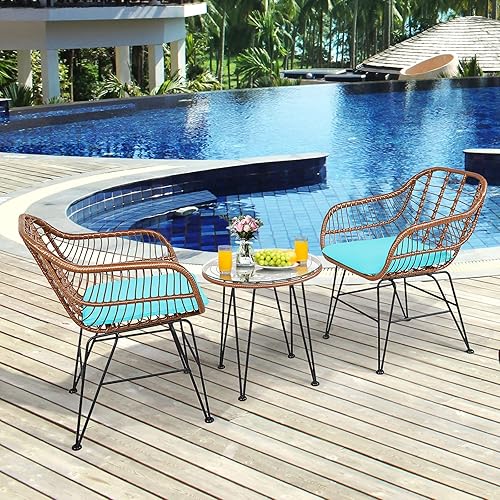 Miniatura 84 de Tangkula 3 Pieces Patio Bistro Set, Rattan Conversation Set with 2 Cushioned Armchairs & Round Glass Coffee Table, Indoor Outdoor Wicker Furniture