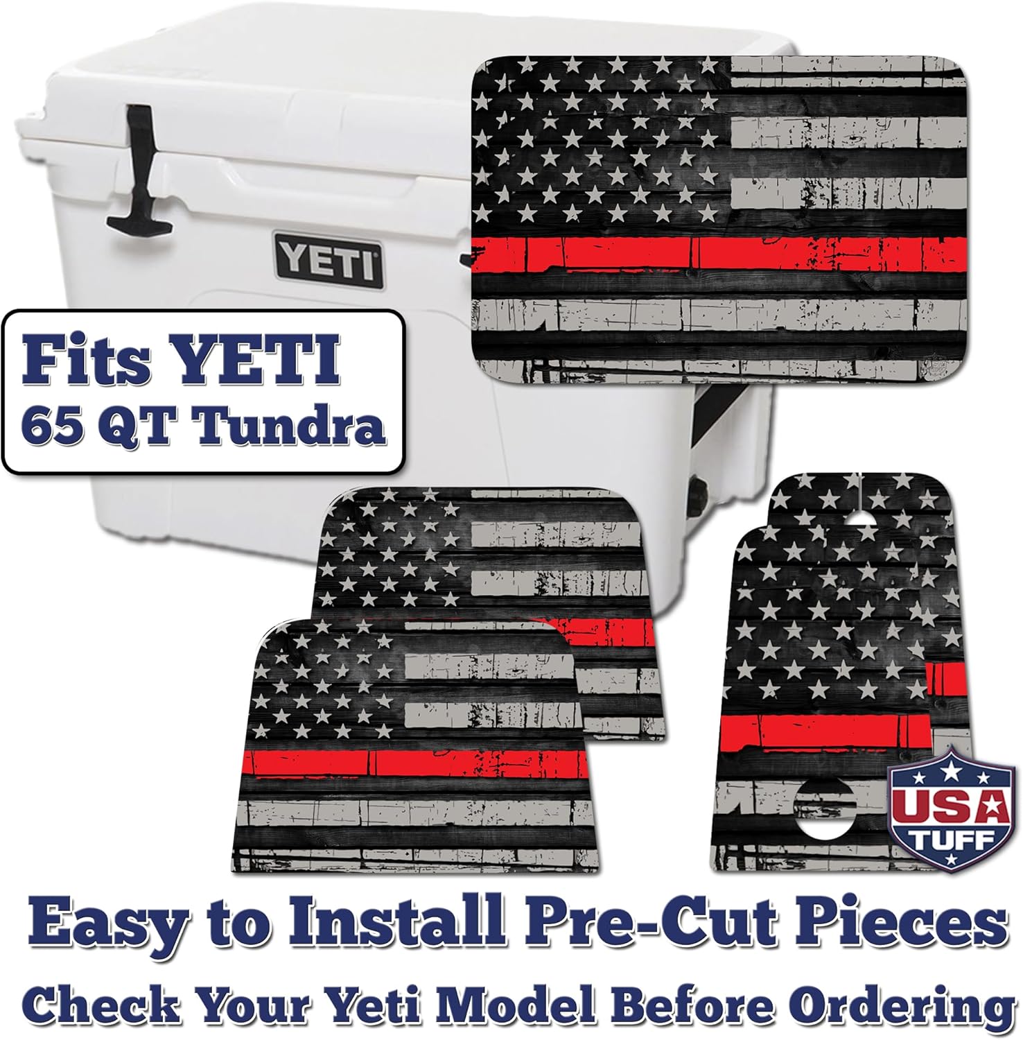 USATuff Vinyl Cooler Lid & Insert Kit Compatible with YETI | Easy Peel & Stick Application Cooler Skin Decal Wrap | Durable Pre-Cut Pieces | Made for Outdoor Use - Thin Redline Flag