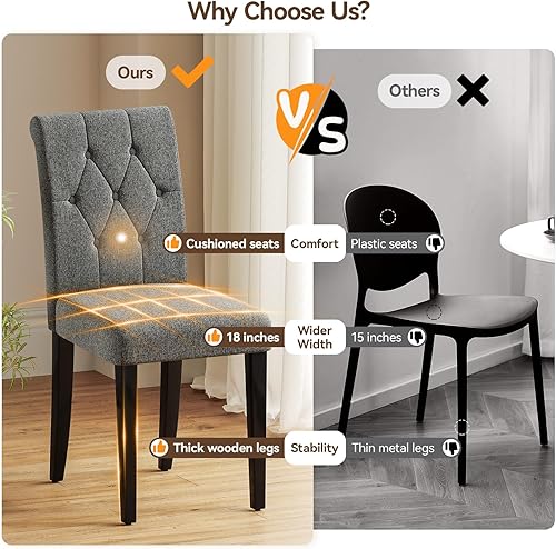 Miniatura 3 de Juego de 4 sillas de comedor tapizadas, sillas de comedor Parsons con botones copetudos con patas de madera maciza, silla lateral de tela moderna