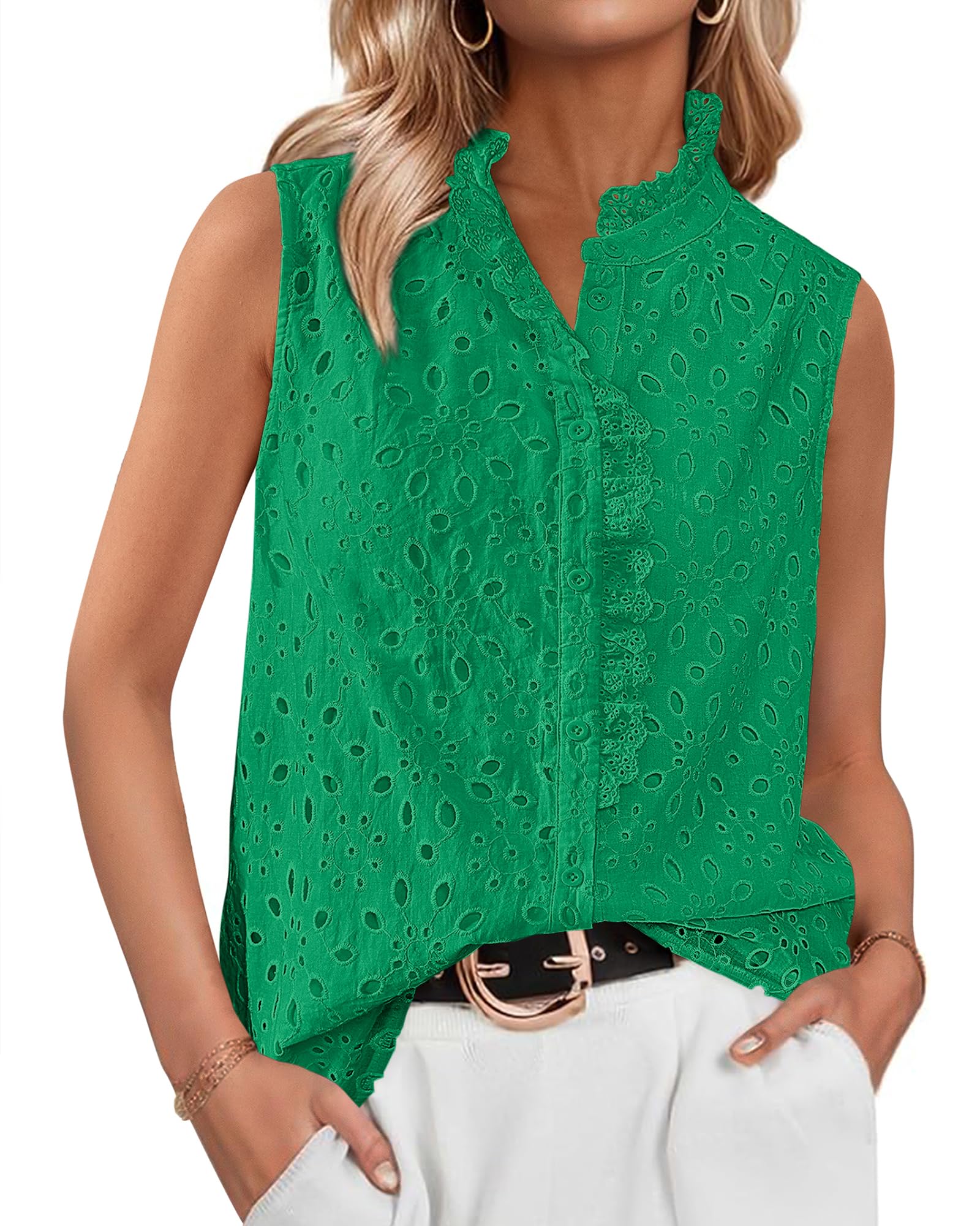 BTFBM Womens Sleeveless Button Down Shirts Ruffle V Neck Casual Hollow Out Eyelet Tops Boho Spring Vacation Blouse 2026