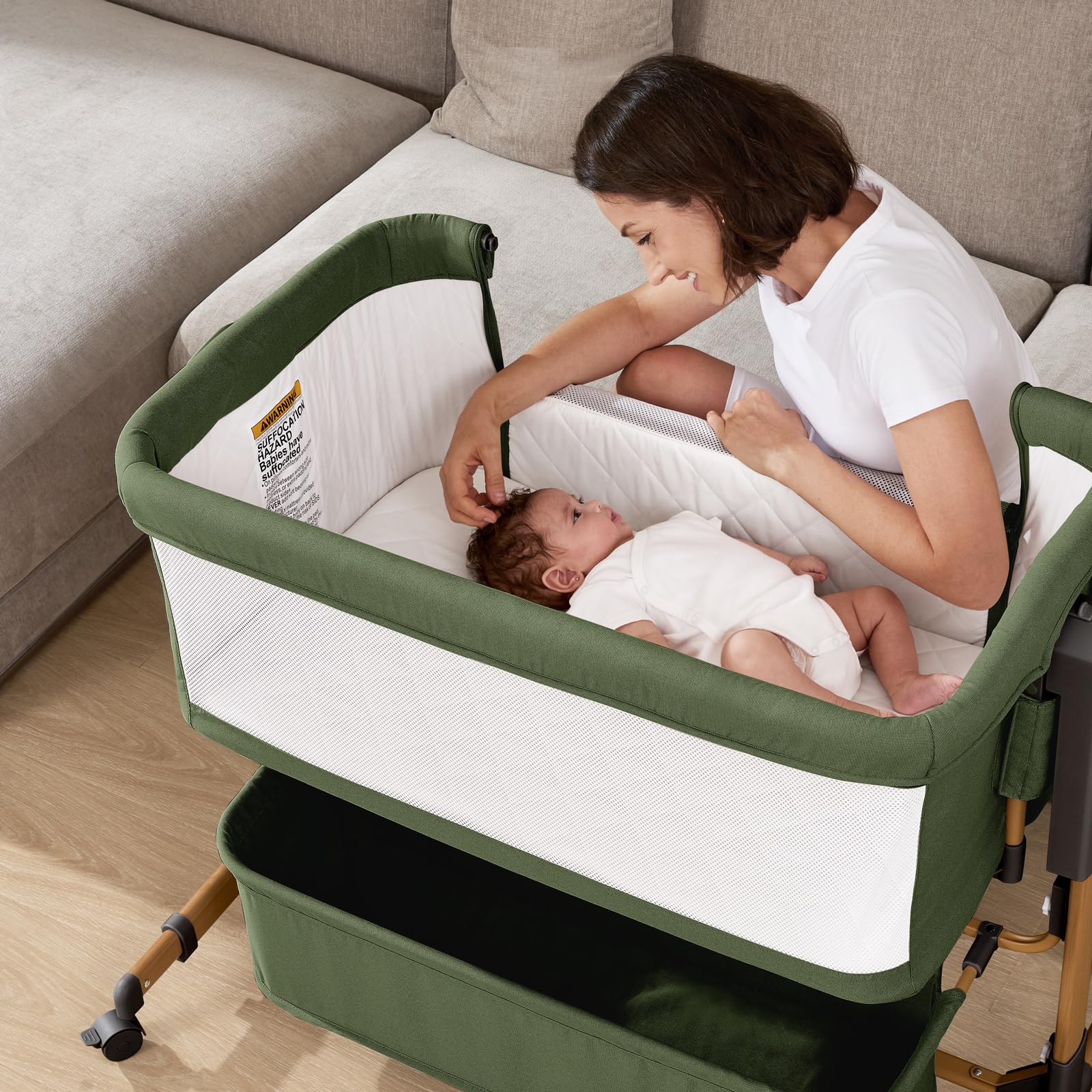 3 in 1 Baby Bassinet, Rocking Bassinet, Bedside Bassinet, 6-Height Adjustable, Bassinet Bedside Sleeper, Bedside Bassient for Baby with Comfy Mattress, Breathable Mesh, Large Storage Basket