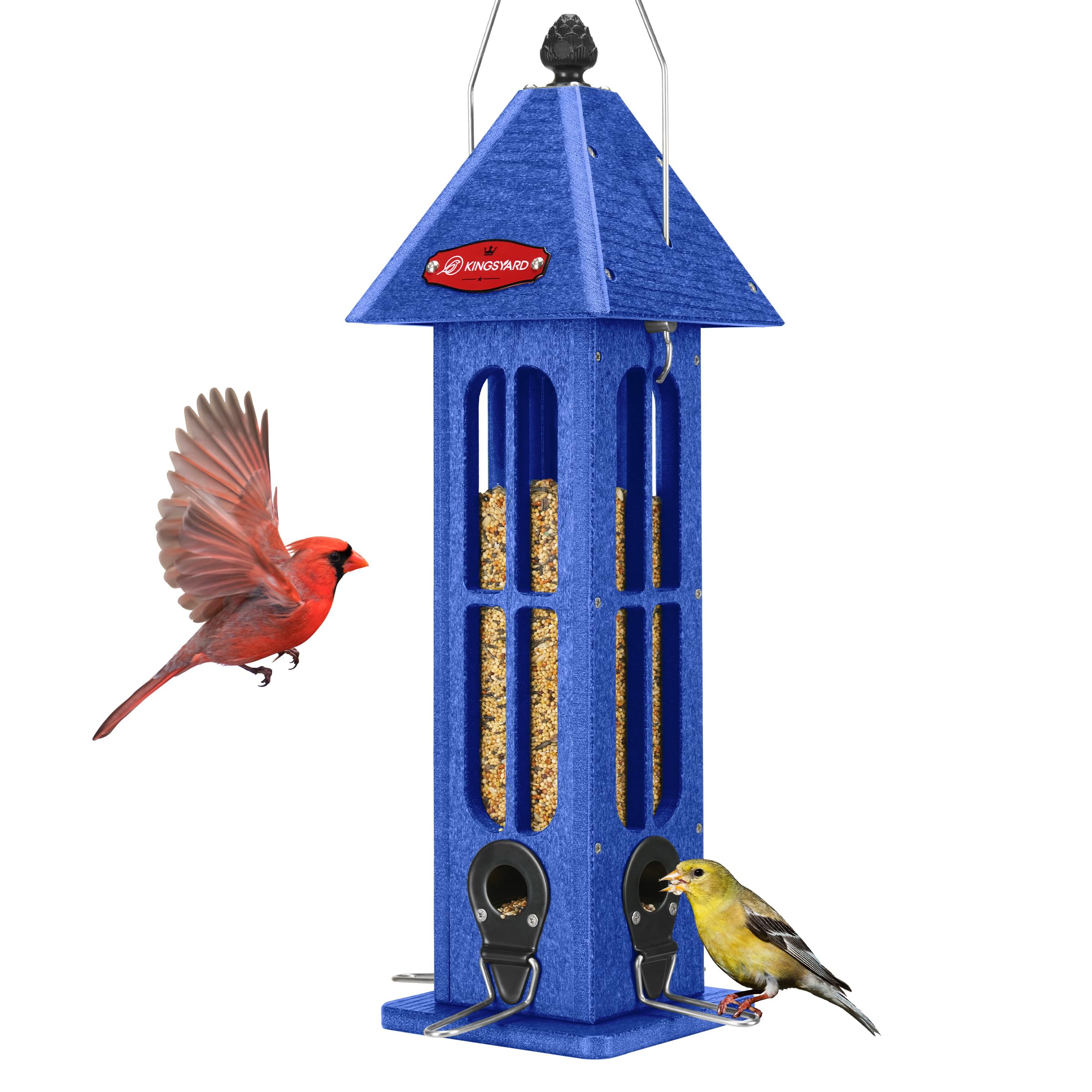 Kingsyard Comedero impermeable para pájaros para colgar al aire libre, comedero de plástico reciclado para pájaros silvestres con 4 puertos de metal, decoración de jardín para pinzones cardenales,