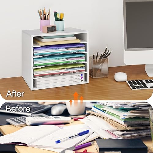 Miniatura 6 de EMERIT Organizador de escritorio de madera, organizador de papel, bandeja de cartas, clasificador de archivos con estantes ajustables para oficina