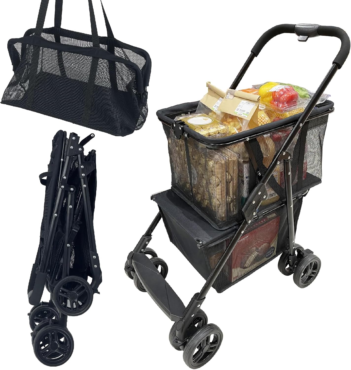 Newly Upgraded Portable Shopping Cart, 80 lbs Foldable Personal Grocery Cart On Wheels, with One-Step Parking Brake