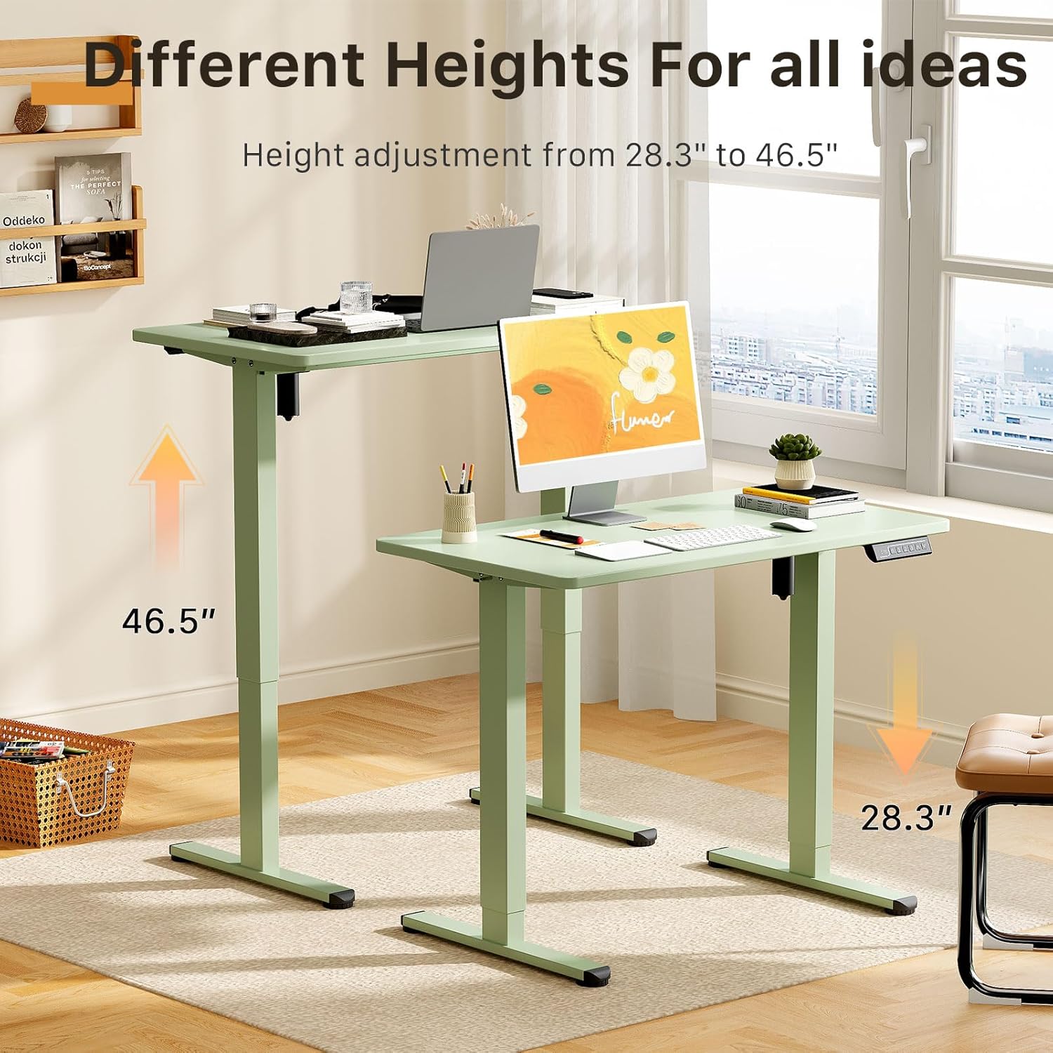 JOY worker Small Electric Standing Desk, 35" x 20" Whole Piece Height Adjustable Desk with Memory Controller, Green Sit to Stand Workstation for Home Office