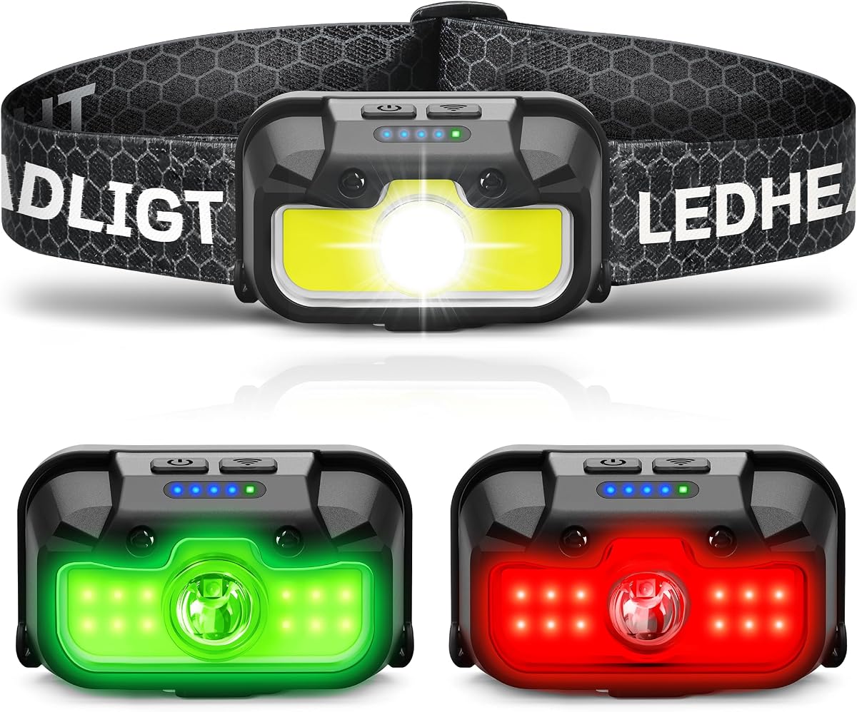 HOKOILN 1300LM LED Headlamp Rechargeable with Green & Red Light | 7 modes, spotlight & floodlight, motion sensor, 90° adjustable, waterproof, for hunting, camping, running, hiking, fishing