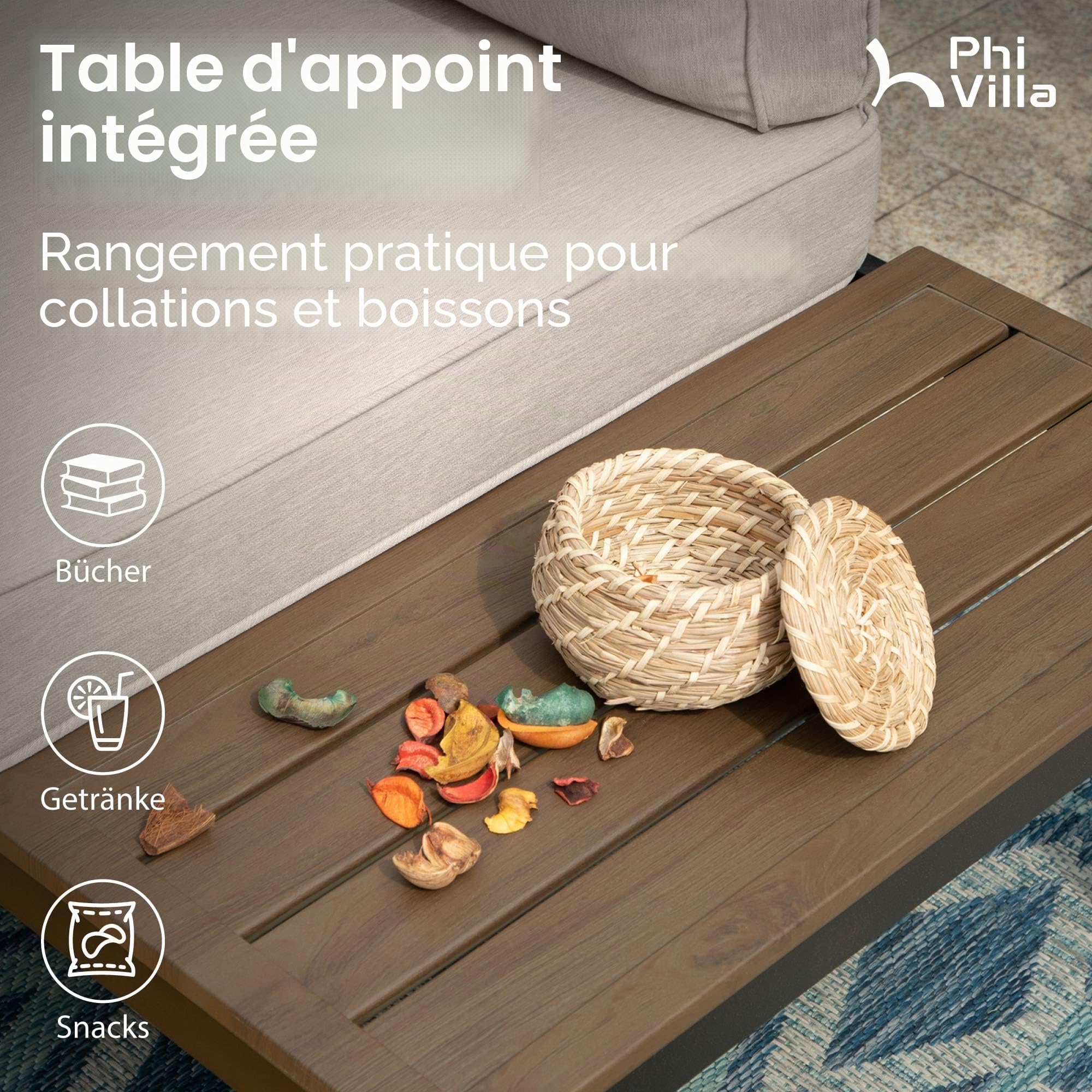 PHI VILLA Ensemble de meubles de jardin de balcon 5 pièces en métal - Salon de jardin d'extérieur 6 places - Mobilier de terrasse modulaire avec coussins renforcés et table basse - Beige
