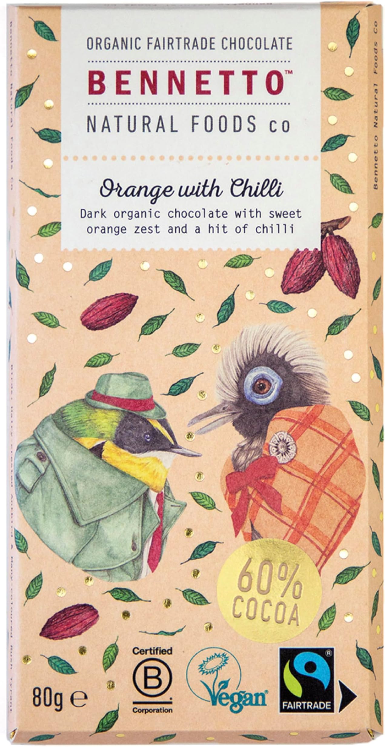 Orange with Chilli Dark chocolate with orange zest and a hint of chilli. 60% cocoa. Certified organic, Fairtrade, and net climate positive. Beautiful gifts for everyone.