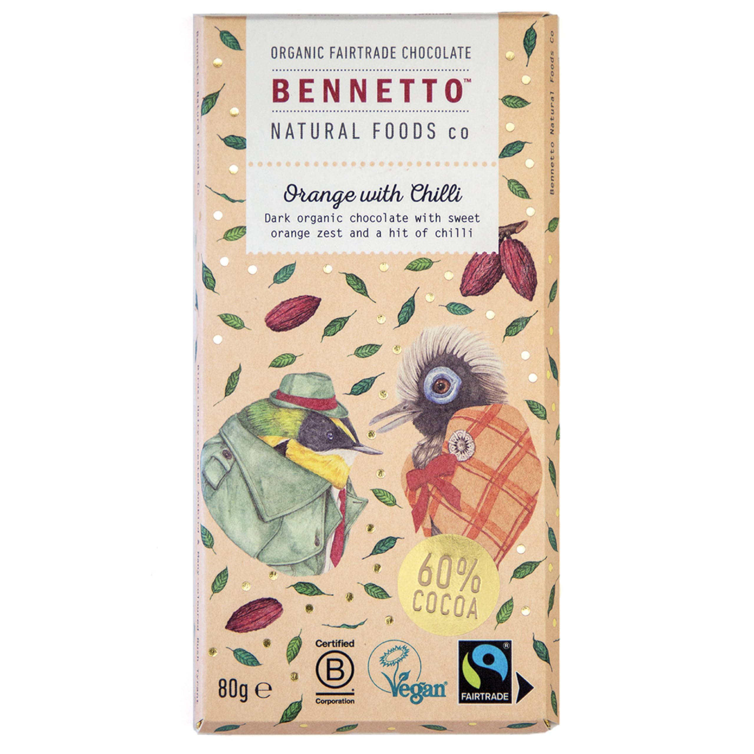 BENNETTO | Orange with Chilli | Dark chocolate with orange zest and a hint of chilli. 60% cocoa. Certified organic, Fairtrade, and net climate positive. 1x 80g Bar