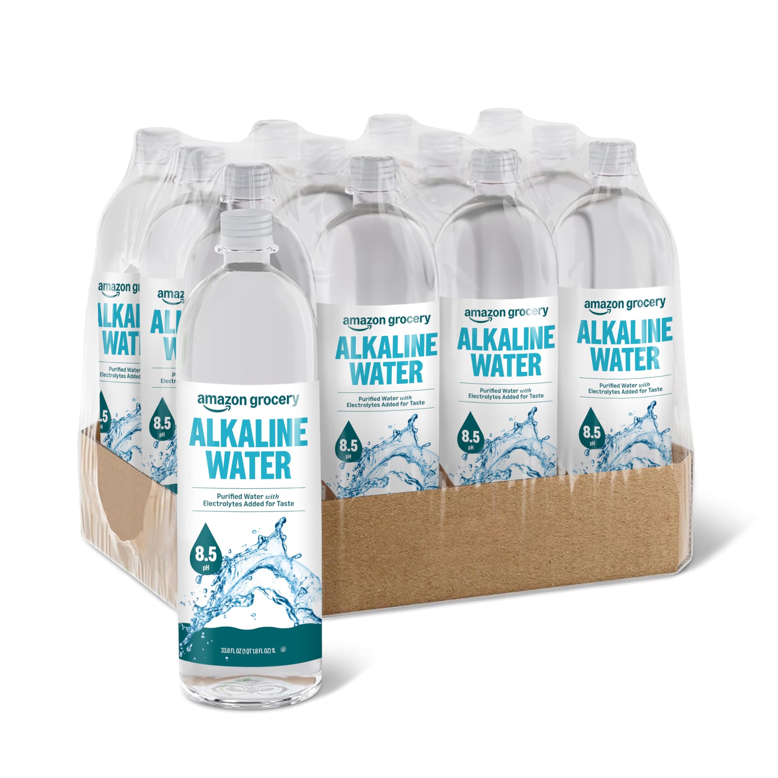 Amazon Grocery, Alkaline Water, 8.5 pH Purified Water with Electrolytes, 33.8 Fl Oz, 1L, Pack of 12 (Previously Amazon Fresh, Packaging May Vary)
