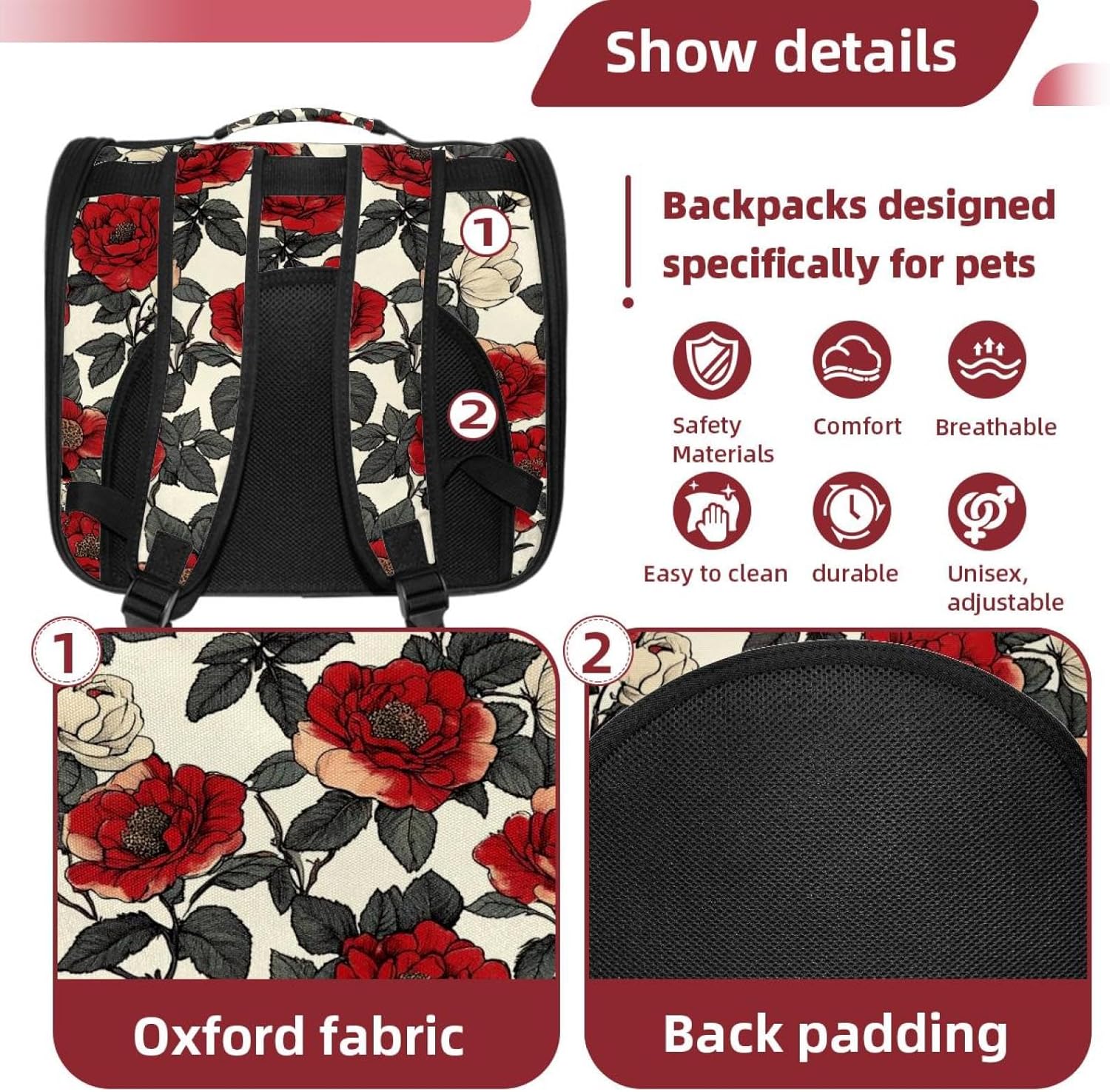 Portable Travel pet Backpack Carrier Hamster Bag Small Dog cat Carrier Breathable Hang Bag, Floral Flower Red Roses