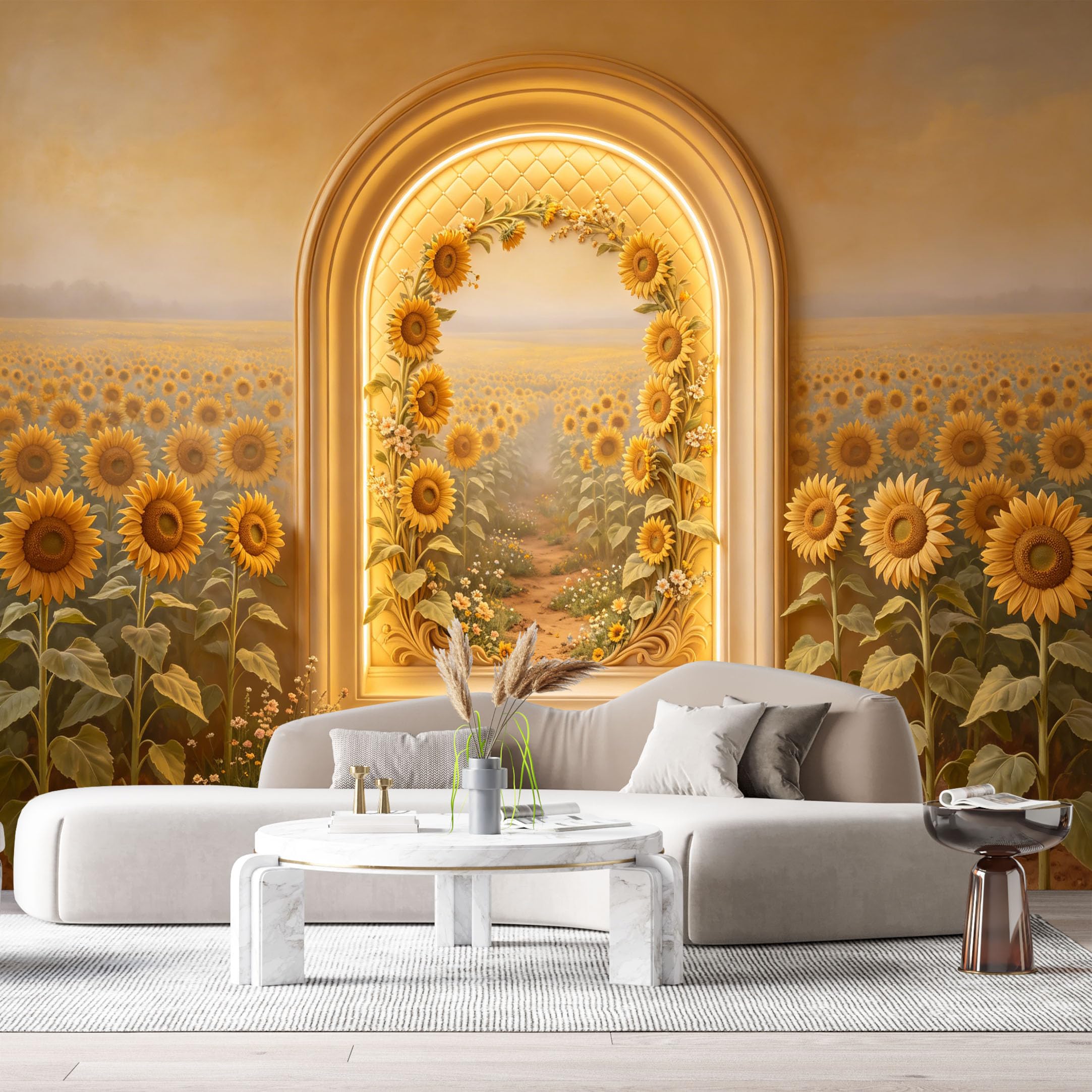 Custom Size Wall Murals Sunflower Field Archway Botanical 3D Trompe L'Oeil SelfAdhesiveWall Fabric Removable Wallpaper Wall Decor for Living Room Bedroom Bathroom