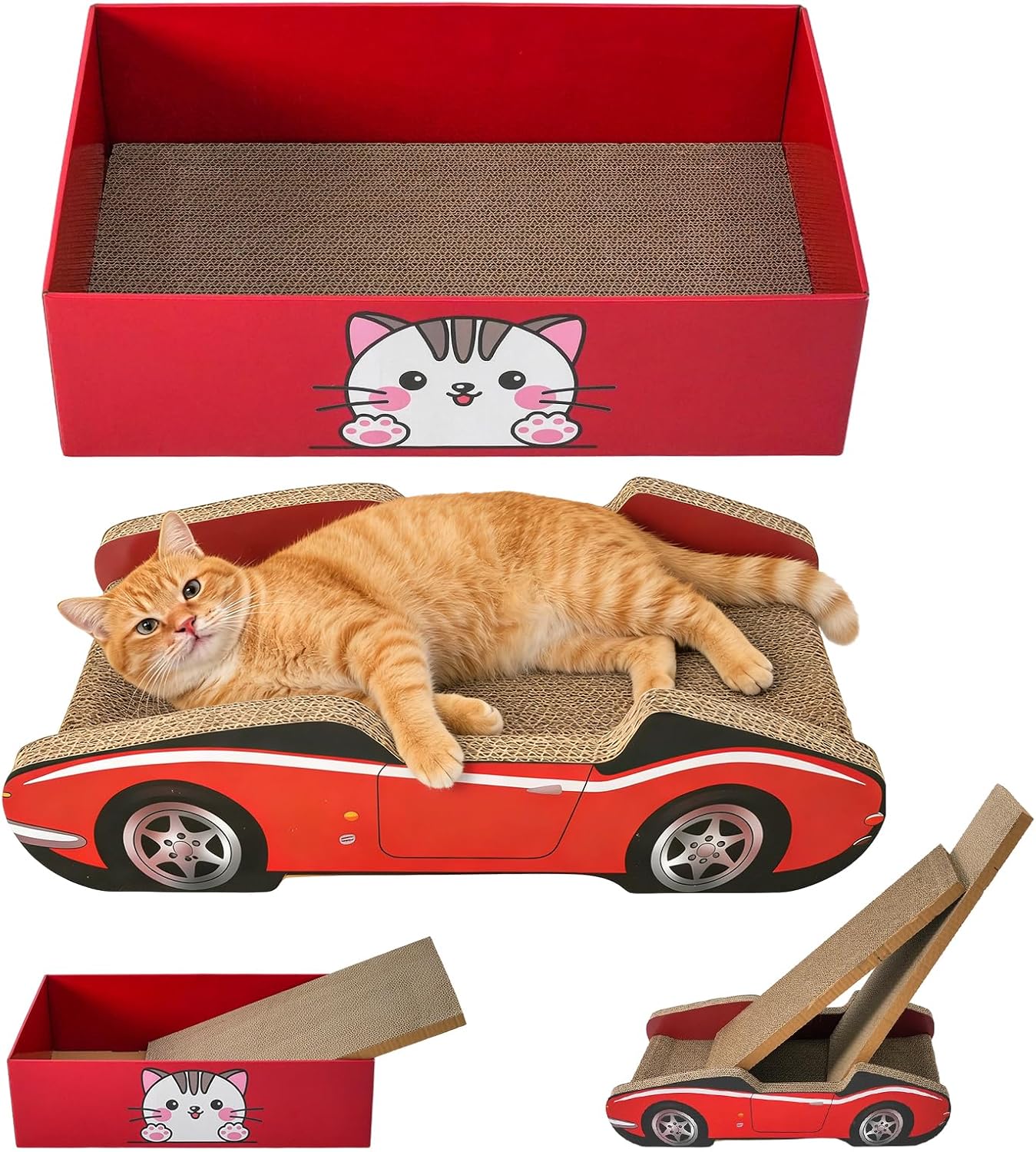 Cardboard Cat Scratcher with Box, 4 PCS Reversible Cat Scratch Pad, Corrugated Cardboard Scratching Lounge for Indoor Kitty to Rest and Play