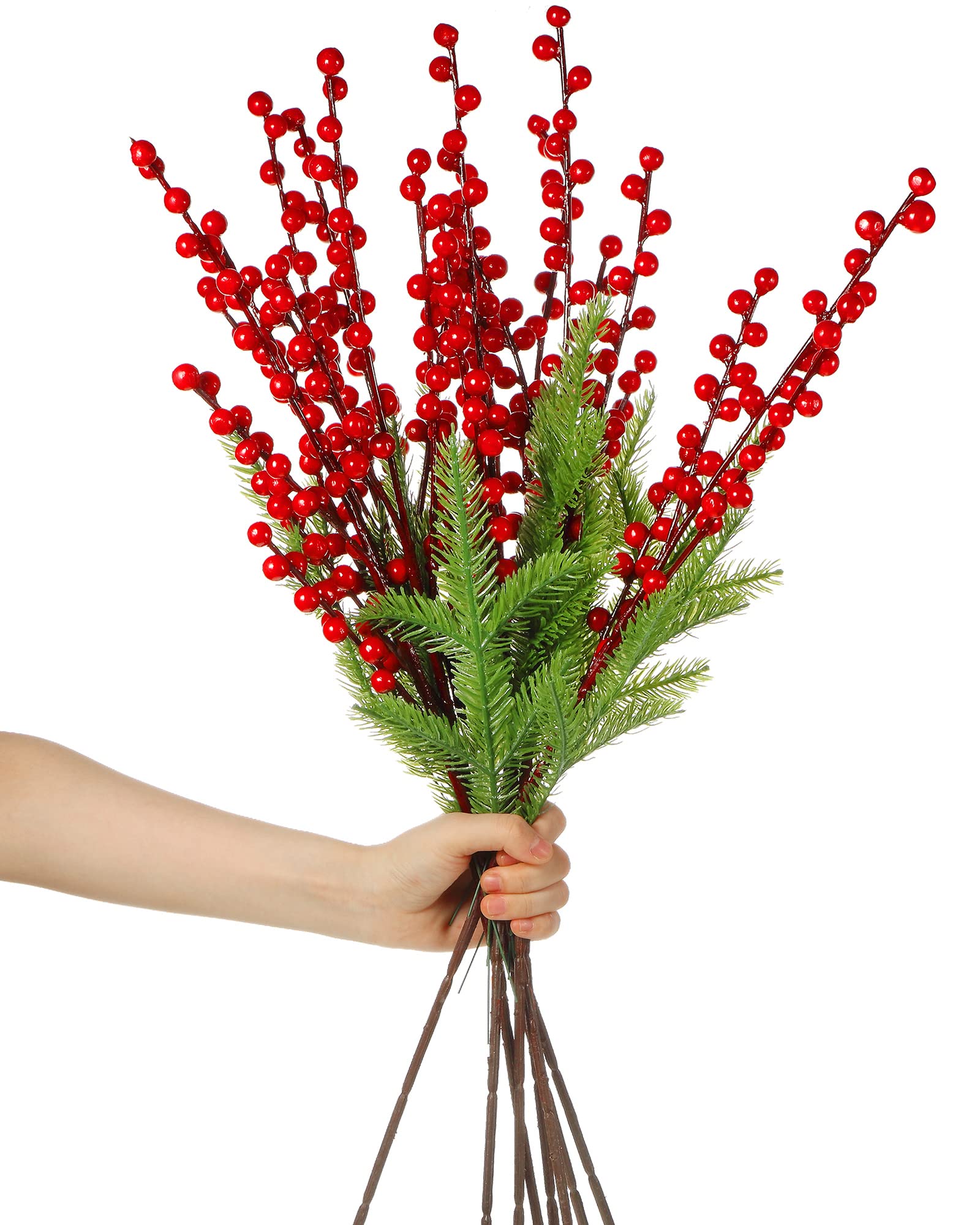 Jutom 8 Pieces 21.6 Inch Christmas Red Berries Stems Holly Berry Stems with 30 Pieces Artificial Pine Branches Christmas Greenery Plants for Xmas Indoor Outdoor Home Decor