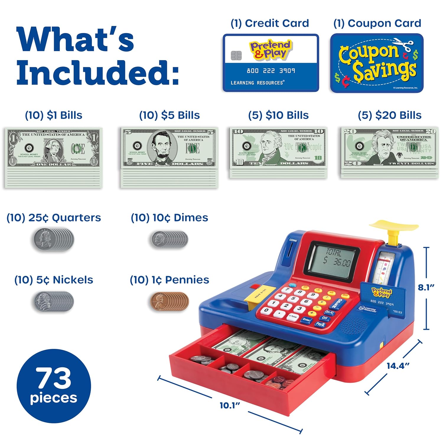 Learning Resources Pretend & Play Teaching Cash Register - Math Games, Shopping Grocery Store Playset, Fine Motor Skills, Gifts For Boys and Girls, view 6