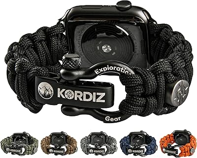 KORDIZ Survivor - Paracord Apple Watch Band Compatible with Apple Watch Series 8/7/6/5/4/3/2/1/SE & Ultra - 42mm 44mm 45mm 49mm - with Stainless Steel Adjustable Shackle (Black, M for Ultra 49mm)