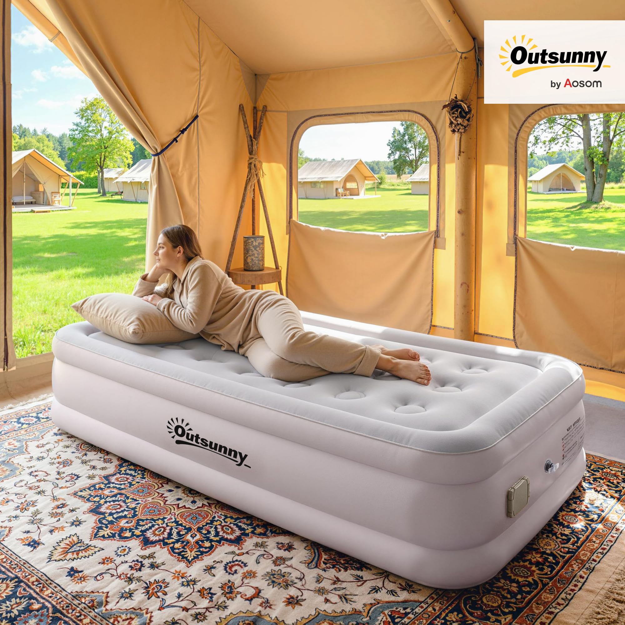 Outsunny Matelas Gonflable, Lit Simple, Pompe Électrique Intégrée, Surface Floquée, Imperméable 5000 mm, Sac Transport, Facile à Ranger, Lit Gonflable pour Camping Voyages Invités, 190x97x39cm, Kaki