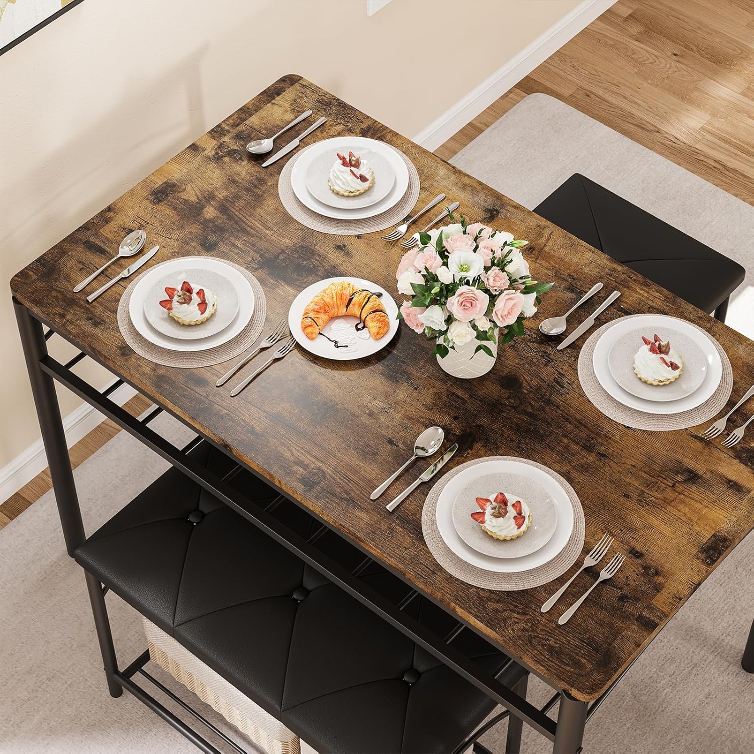 Dining Table Set for 4, Kitchen Table with Upholstered Bench and 2 Stools, 4 Pieces Kitchen Table Set with Storage Rack & Metal Frame for Small Space, Kitchen Table and Chairs Set for Apartment