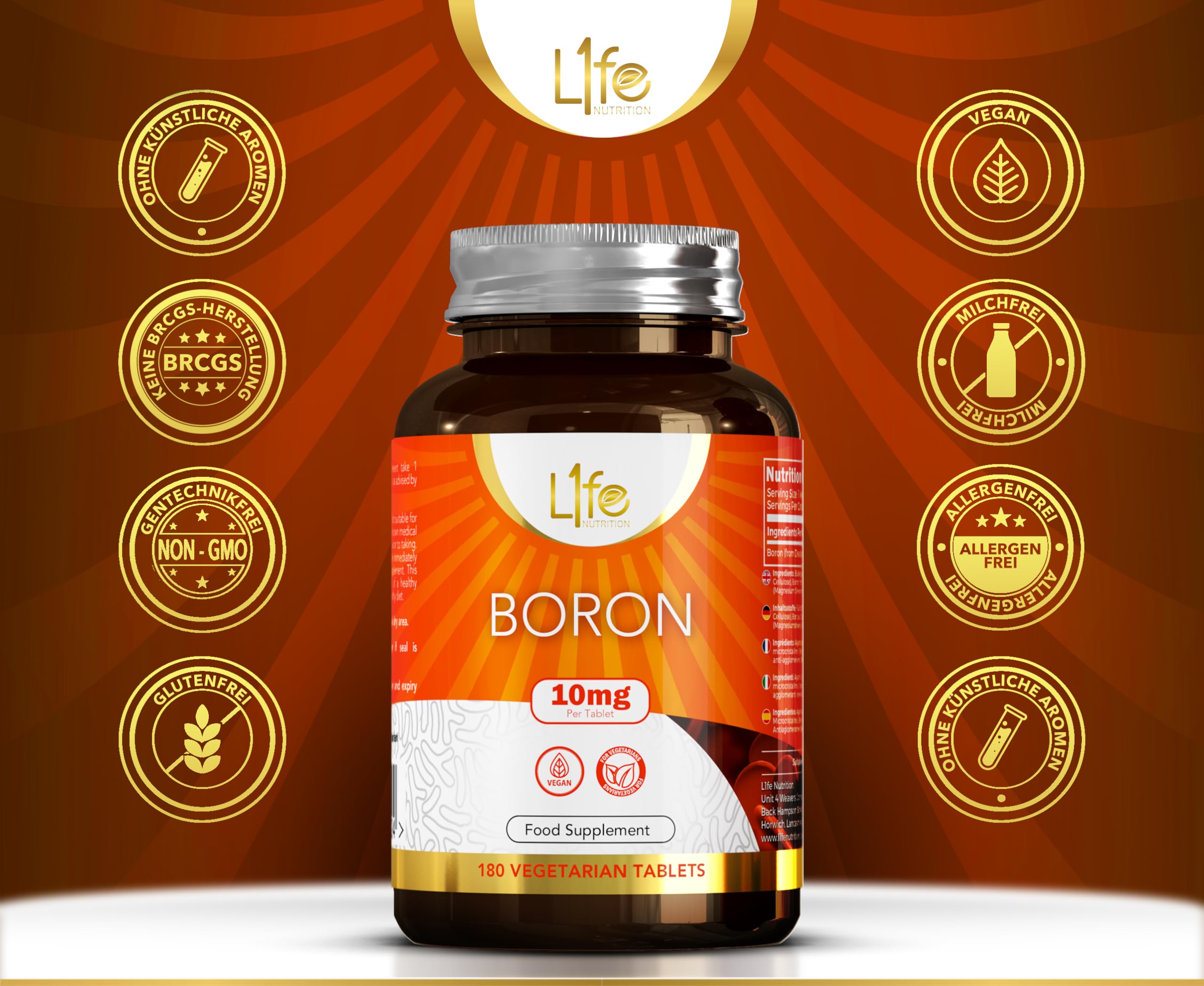 LN Bor Nahrungsergänzungsmittel | 180 vegane hochdosierte Boron Kapseln – 10 mg pro Portion | Gentechnik-, Gluten-, Milch- und Allergenfreie Bor Tabletten | Hergestellt in Großbritannien