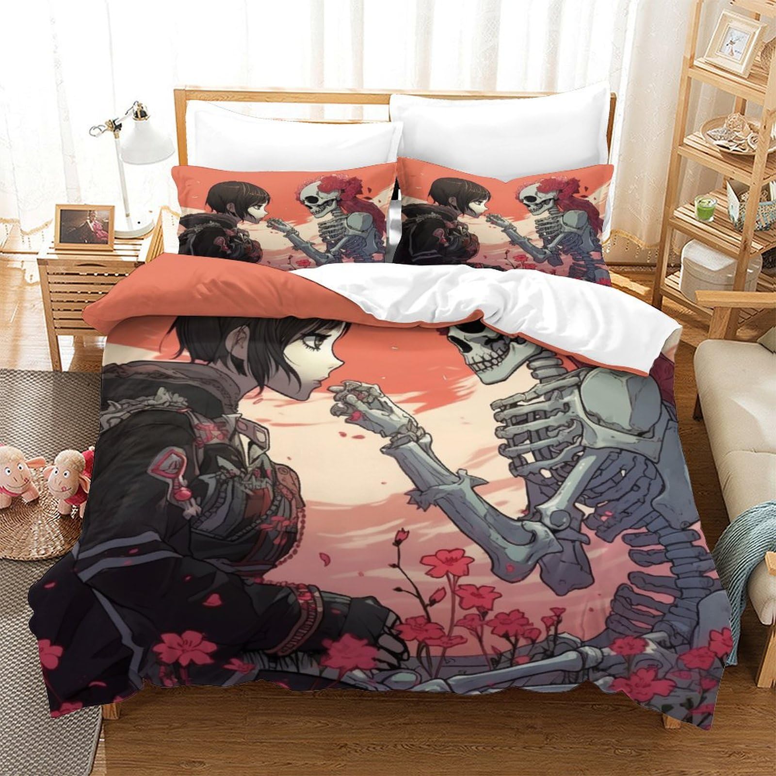 P1S9U7W5Y 3D Printed Romantic Skeleton Couple Duvet Cover Set 3pcs Microfiber Love Bedding Set Double