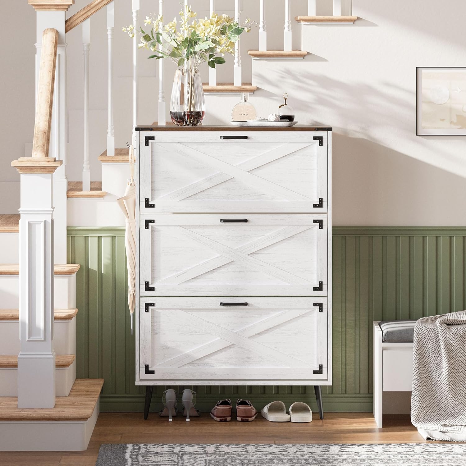 Shoe Organizer Cabinet Narrow with 3 Flip Drawers Shoe Rack Cabinet Hidden Slim Freestanding Shoe Storage Cabinet 24 Shoes for Entryway,Living Room, White Walnut