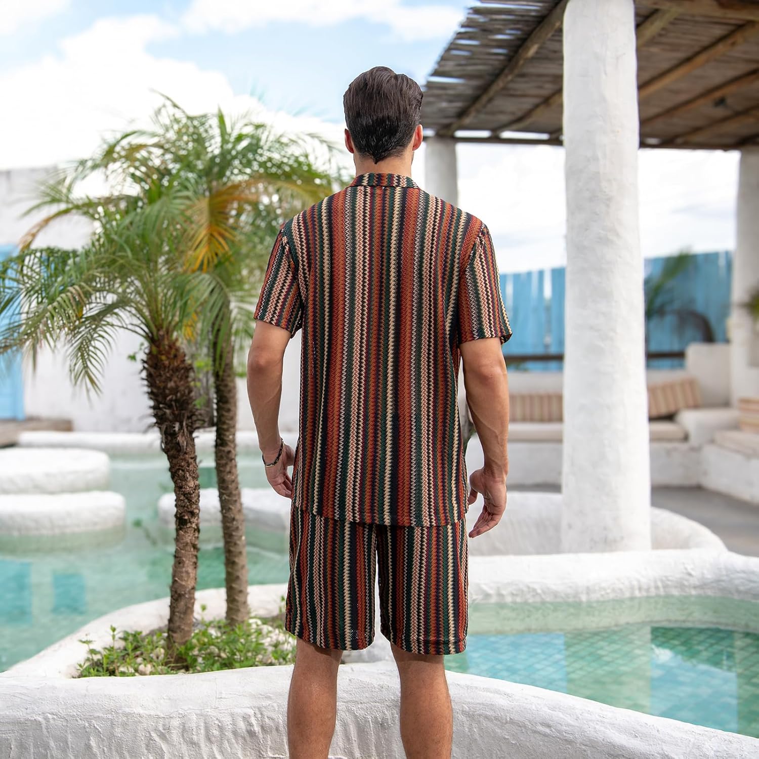 Men’s 2 Piece Casual Beach Set - Striped Short Sleeve Shirt and Shorts Outfit for Summer Vacation Pool Party - Image 9