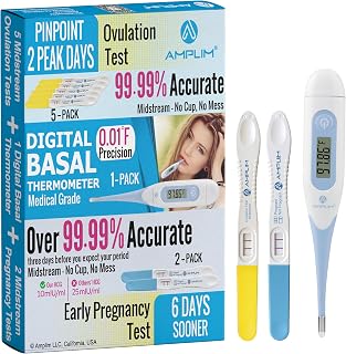 AMPLIM 99.99% Accurate HCG Pregnancy (Early Detection 10mIU/mL), LH Ovulation Midstream Tests, 0.01F Precision Digital Basal Temperature, 2-sec Easy Home Use, 5-min Results, 8-Pack