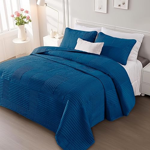 Miniatura 8 de Whale Flotilla Juego de ropa de cama ultra suave tamaño Queen, colcha ligera de microfibra azul, colcha de 3 piezas geométrica ultrasónica para