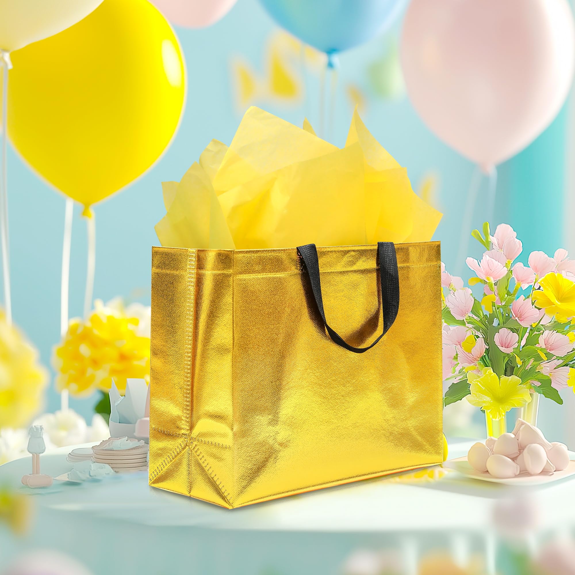 KeerxunBag 12Pcs Reusable Gift Bags（Includes Tissue Paper） Gift bag with handle Birthdays Parties Holidays Weddings Medium 13x5x11in Golden Yellow Gift Bags