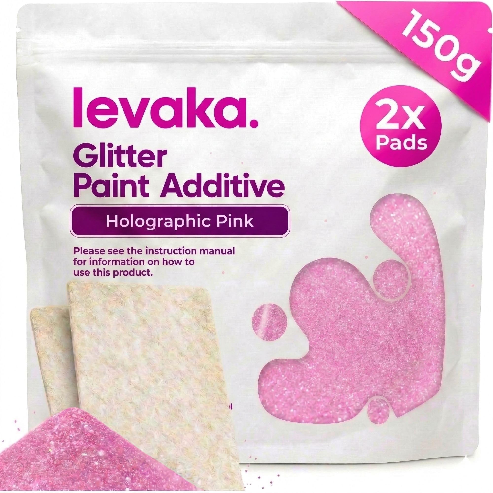 Levaka Holographic Pink Glitter Additive, 150g with 2 x Buffing Pads – Paint Additive for Luminous Finish on Interior or Exterior Walls, Ceilings, and Woods – Paint Glitter for Walls