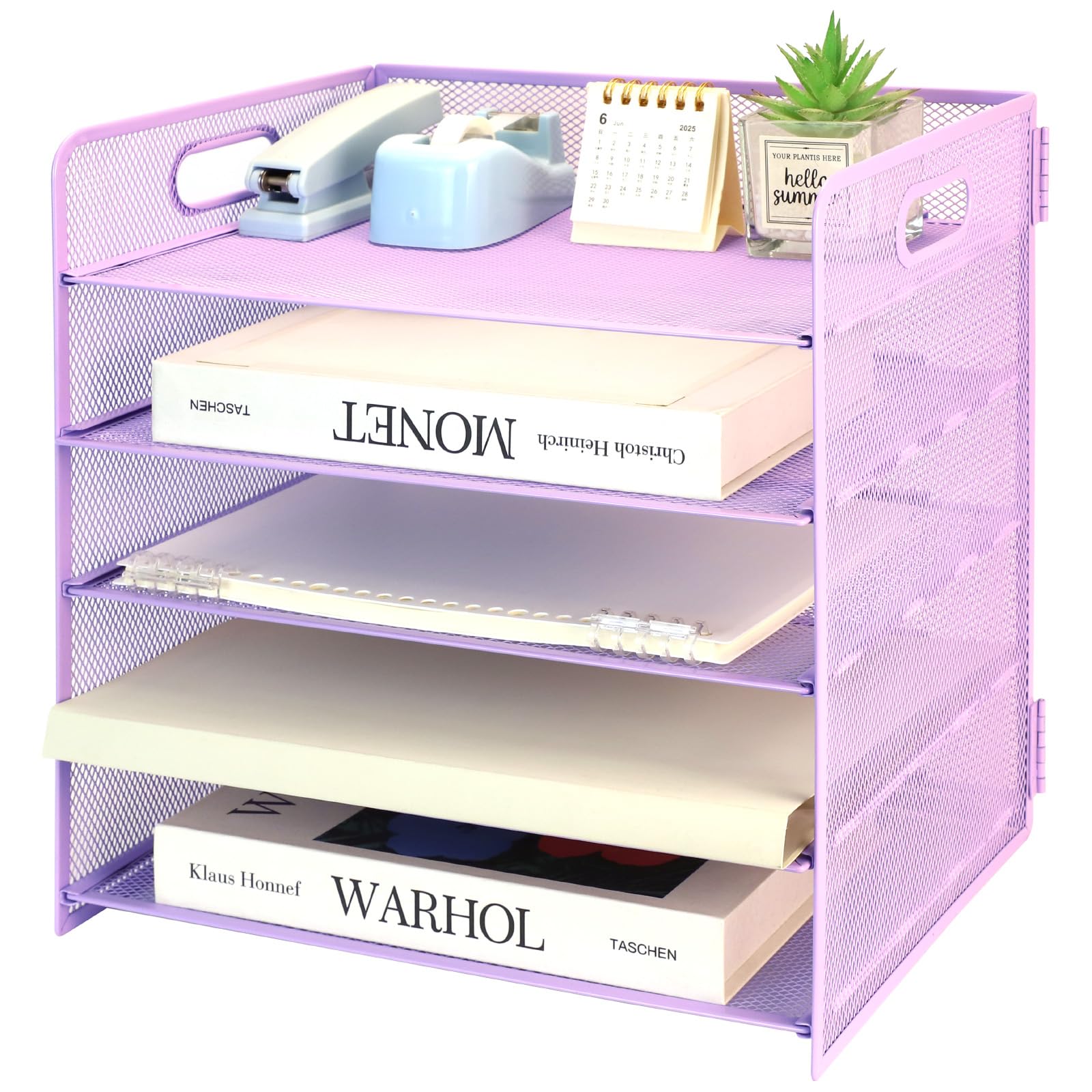 5 Tier Desk Organiser with Handle, Pull-out Mesh File Organizer for Desk Letter Tray Organizer Mesh Desk Organiser Tray Paper Storage Rack for A4 File Office Supplie, Purple