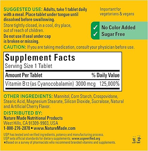 Miniatura 6 de Nature Made Vitamina B12 sublingual de 3000 mcg suplemento dietético para apoyo del metabolismo energético 40 micropastillas suministro para 40 días