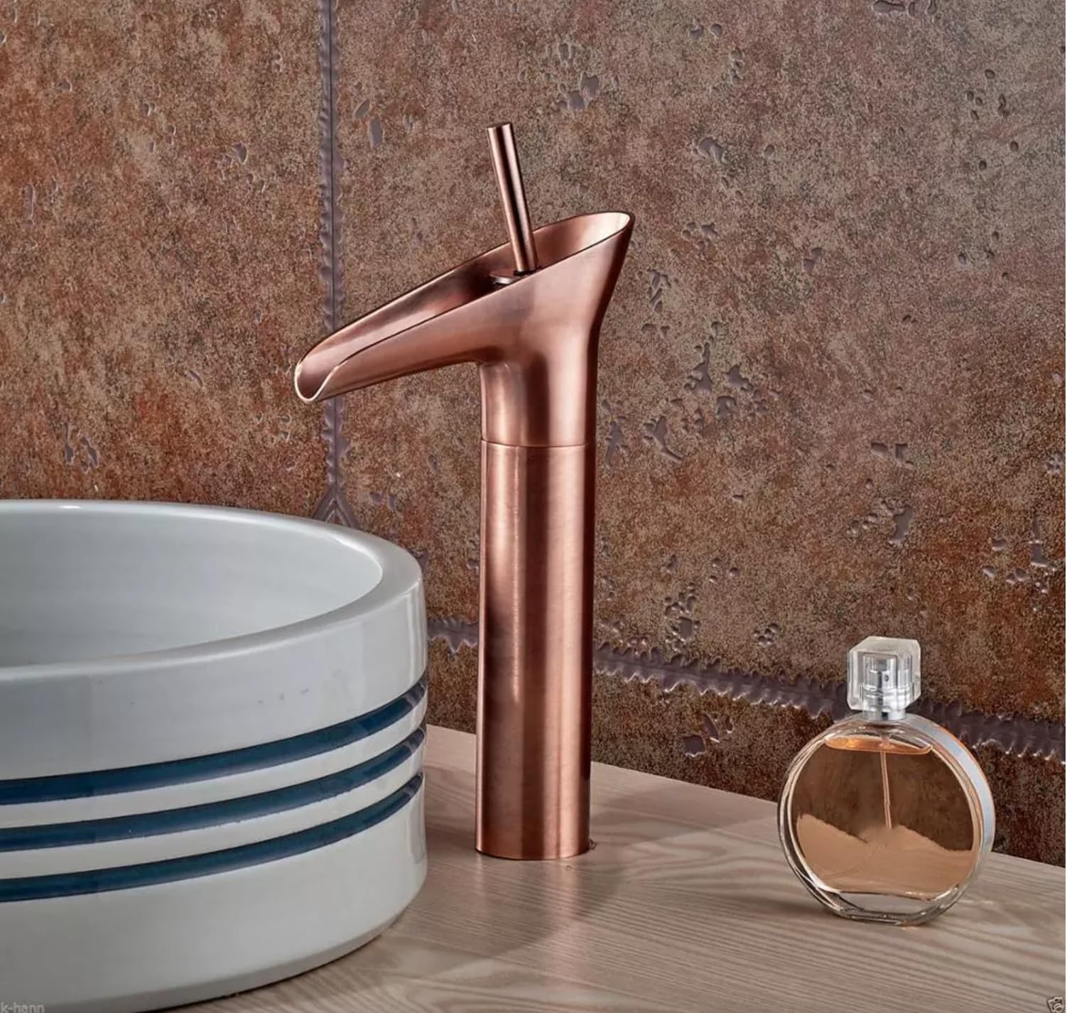 24x7 eMall Rose Gold Brass Basin Mixer Faucet Tap, 12 Inch Height Rosette Waterfall for Bathroom Toilet Wash Basins Hot and Cold Water-image-46
