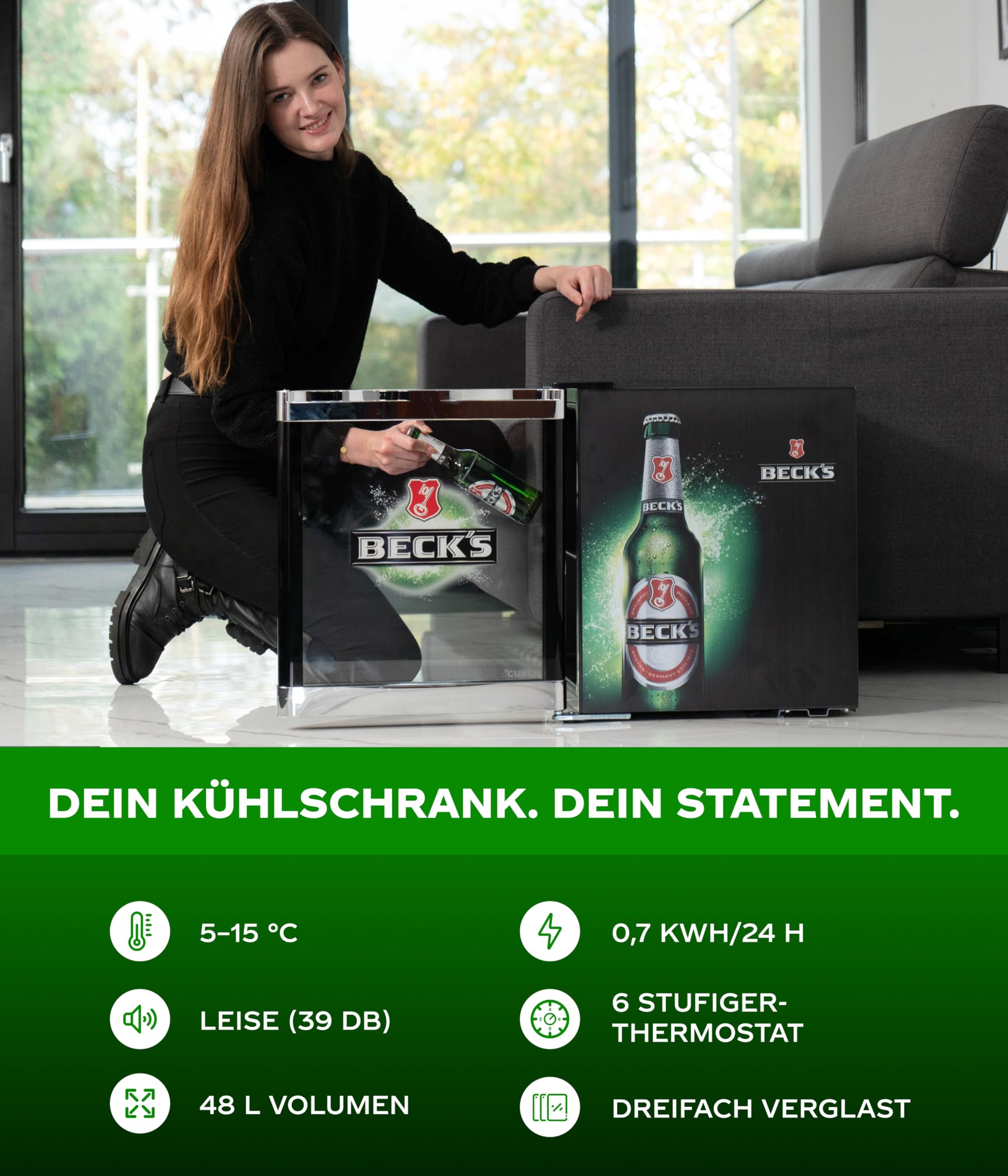 BECK’S Mini Getränkekühlschrank 48L Schwarz Grün Kompakter Flaschenkühlschrank Glastür wechselbarer Türanschlag Leise energieeffizient Getränkekühler
