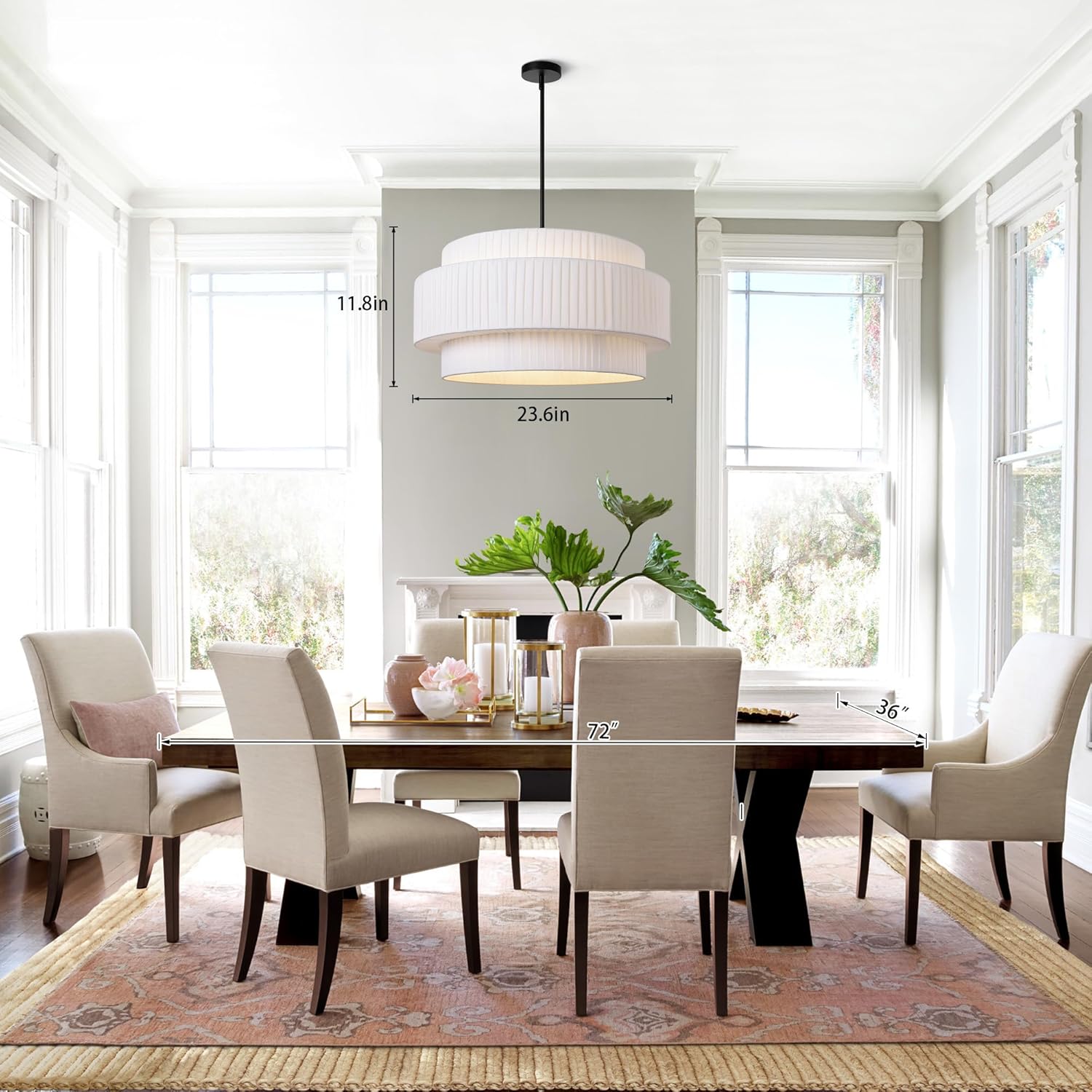 LamQee 24" Modern Drum Chandelier, 5-Light Hand-Pleated Fabric Pendant Light Fixture with White Shade and Black Finish, 3 Tier Semi Flush Mount Ceiling Hanging Lighting for Dining Room Kitchen Bedroom