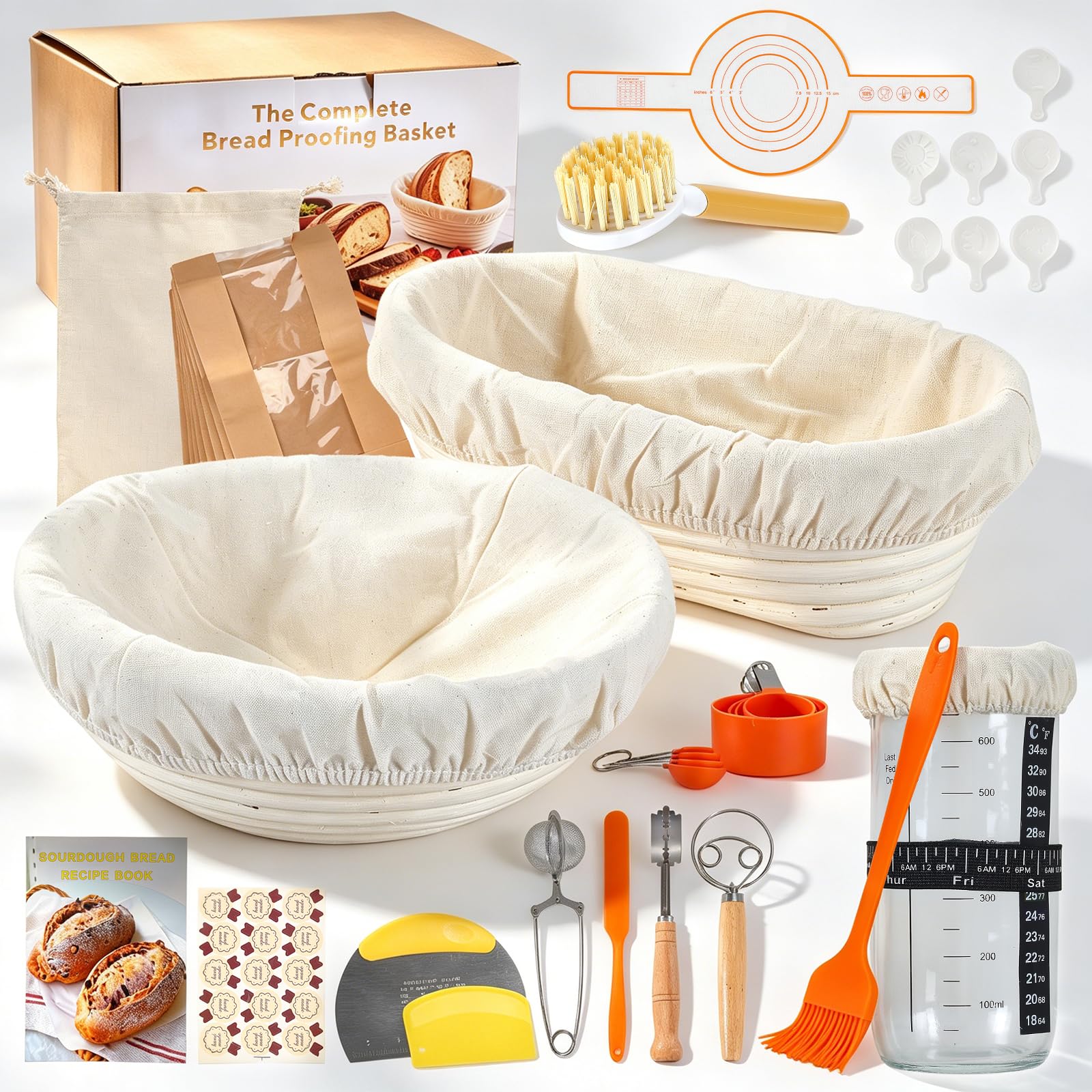 Lot de 16 paniers à fermentation ovales et ronds de 25,4 cm et 22,9 cm avec verre de démarrage, spatule, élingue à pain, moule à pain Banneton, accessoires de pâtisserie pour boulangers amateurs