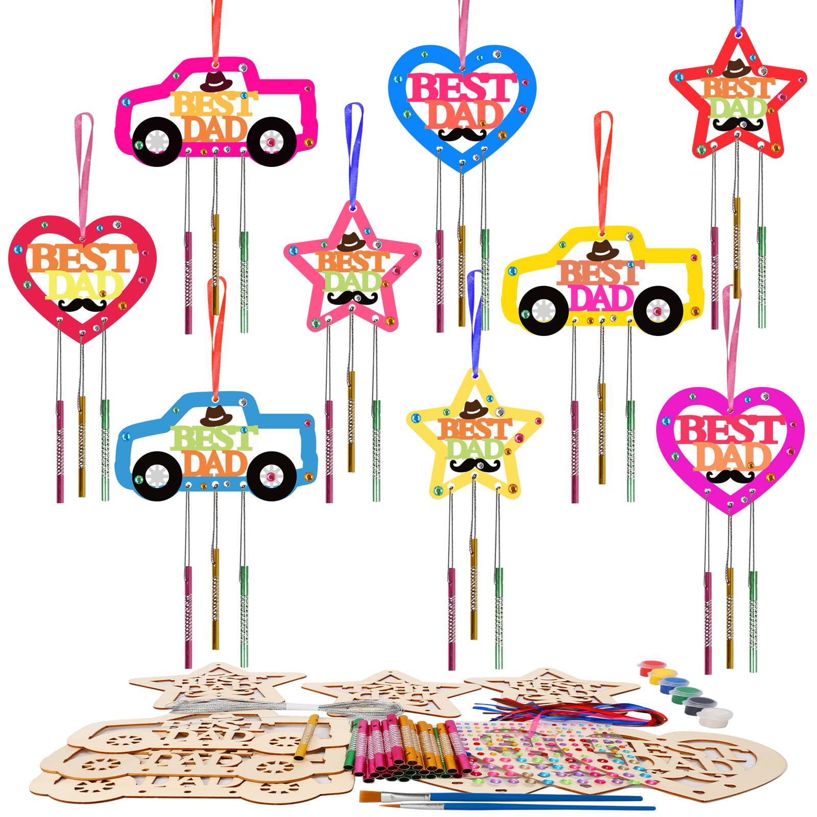 HONMOK 9 Pack Dad Crafts for Kids, Wooden Best Dad Wind Chimes Painting Kit, Birthday Gifts for Daddy from Daughter Son, Christmas Gifts for Daddy, Thank You Dad Gifts Ideas