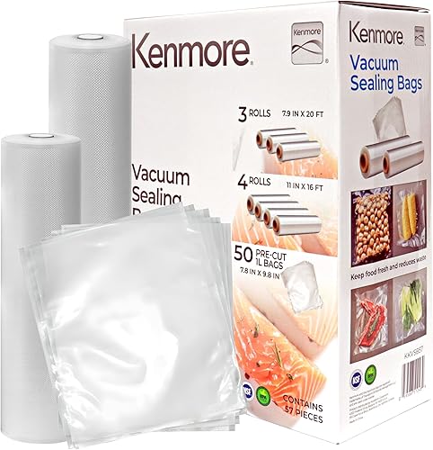 Kenmore - Bolsas selladoras al vacío  Rollos de plástico para sellado de alimentos de 3-8 x 10, 4-8 x 20, bolsas de tamaño 11 x 16, embalaje