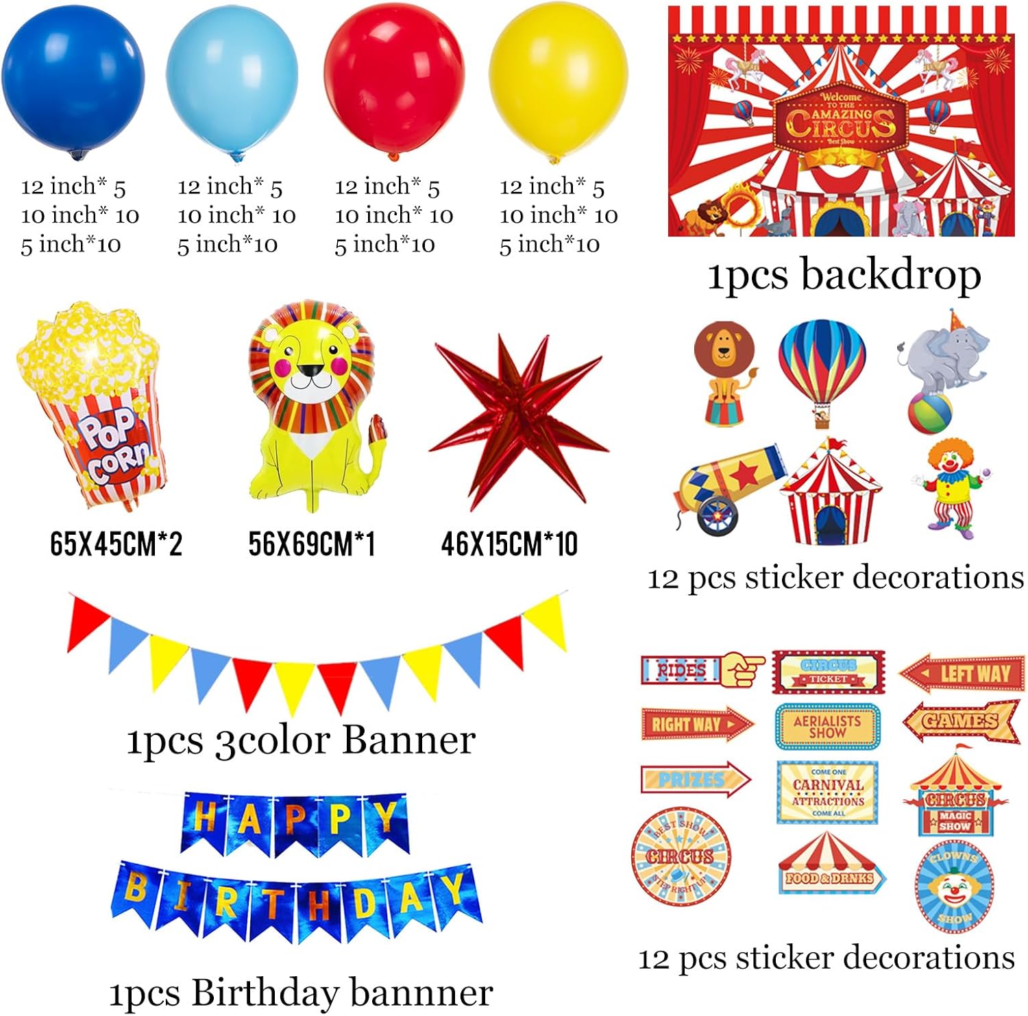 Carnival Circus Theme birthday party decorations & include red blue yellow balloon garland & foil hot air popcorn balloons & banner carnival road sign paper card background decor