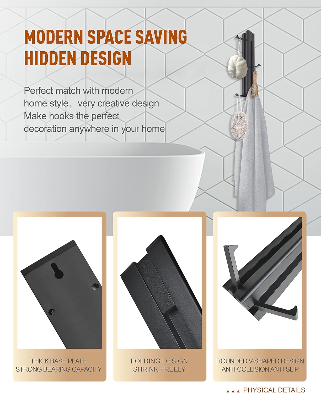 Foldable Black Coat Hooks - Waterproof Adhesive No Drill Installation，Matte Black Wall Hook，Robe Hook，Heavy Duty Aluminum Towel Hooks for Bathroom，Wall Mounted Coat Rack，Also for Balcony，Living Room。