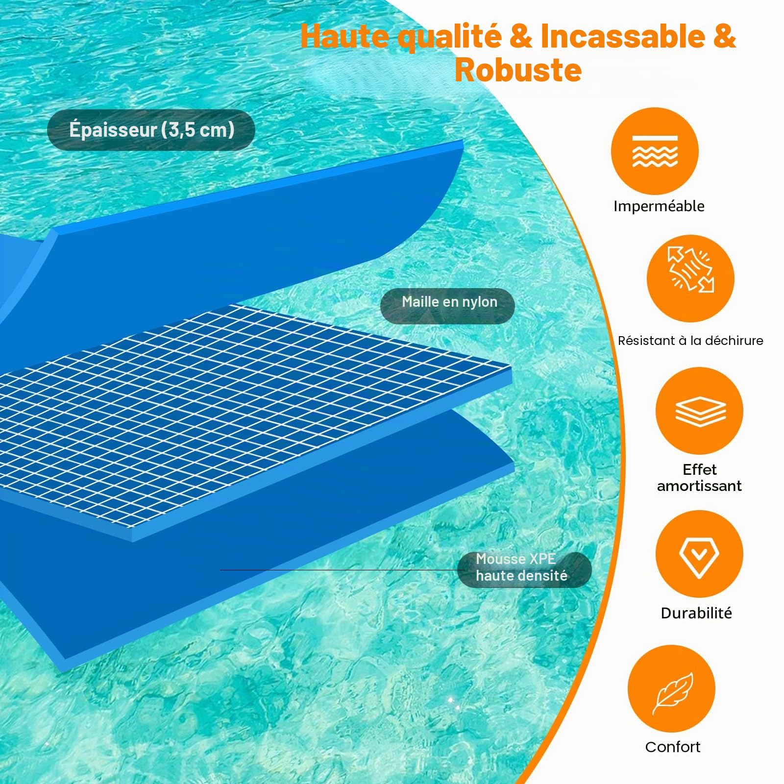 210 x 90 cm Matelas Flottant en Mousse XPE, Tapis d'eau en Mousse Enroulable Résistant à la Déchirure, Tapis Flottant Piscine pour Adultes de Charge 100KG, Lac, Piscine, Plage (Bleu)