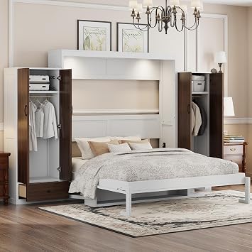 Queen Size Murphy Wall Bed with Wardrobe, Drawers and Shelf, Solid Wood Murphy Cabinet Bed with Desk for Living Room, Space Saving Design, White